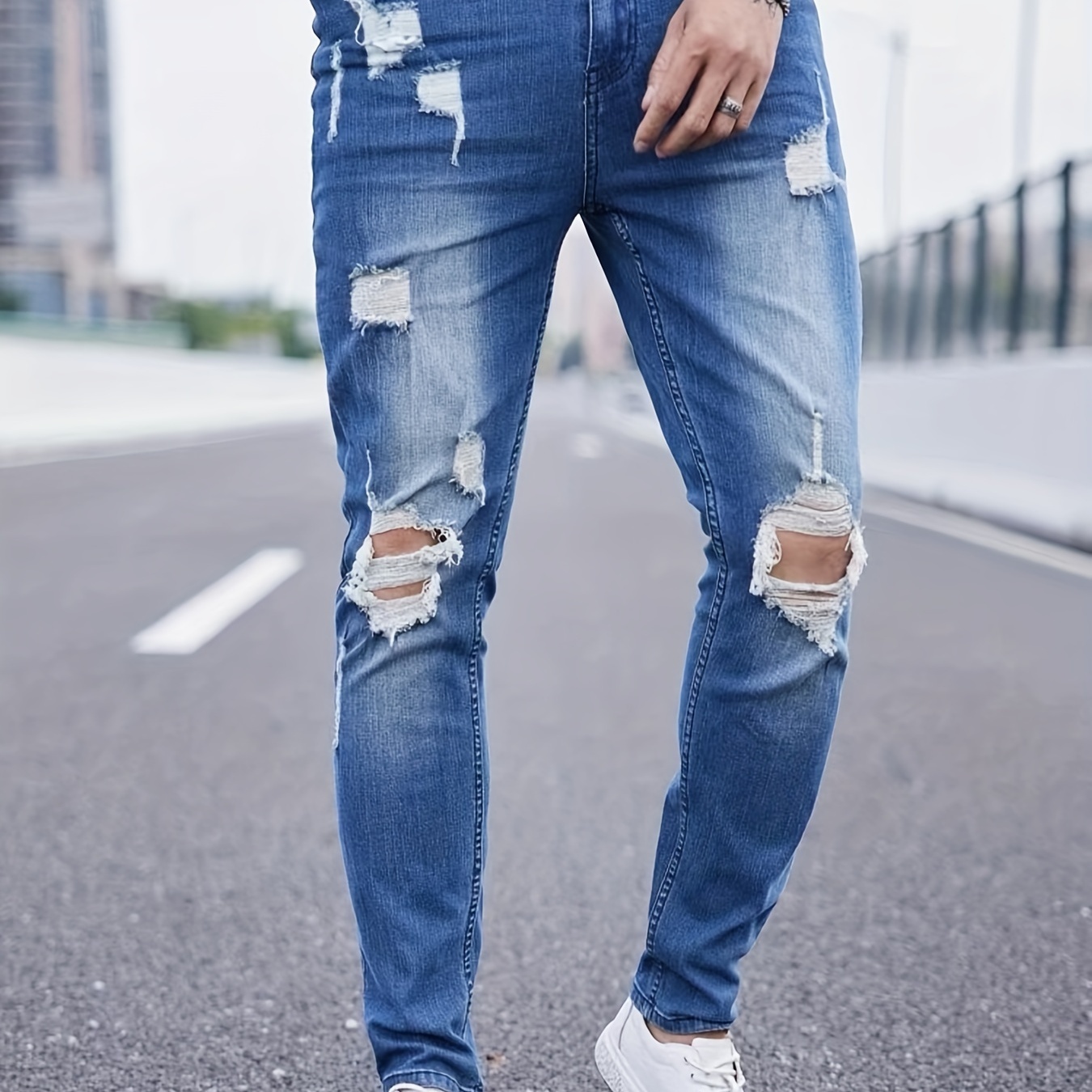 

Slim Fit Ripped Cotton Blend Jeans, Men's Casual Street Style Distressed Mid Stretch Denim Pants For Spring Summer