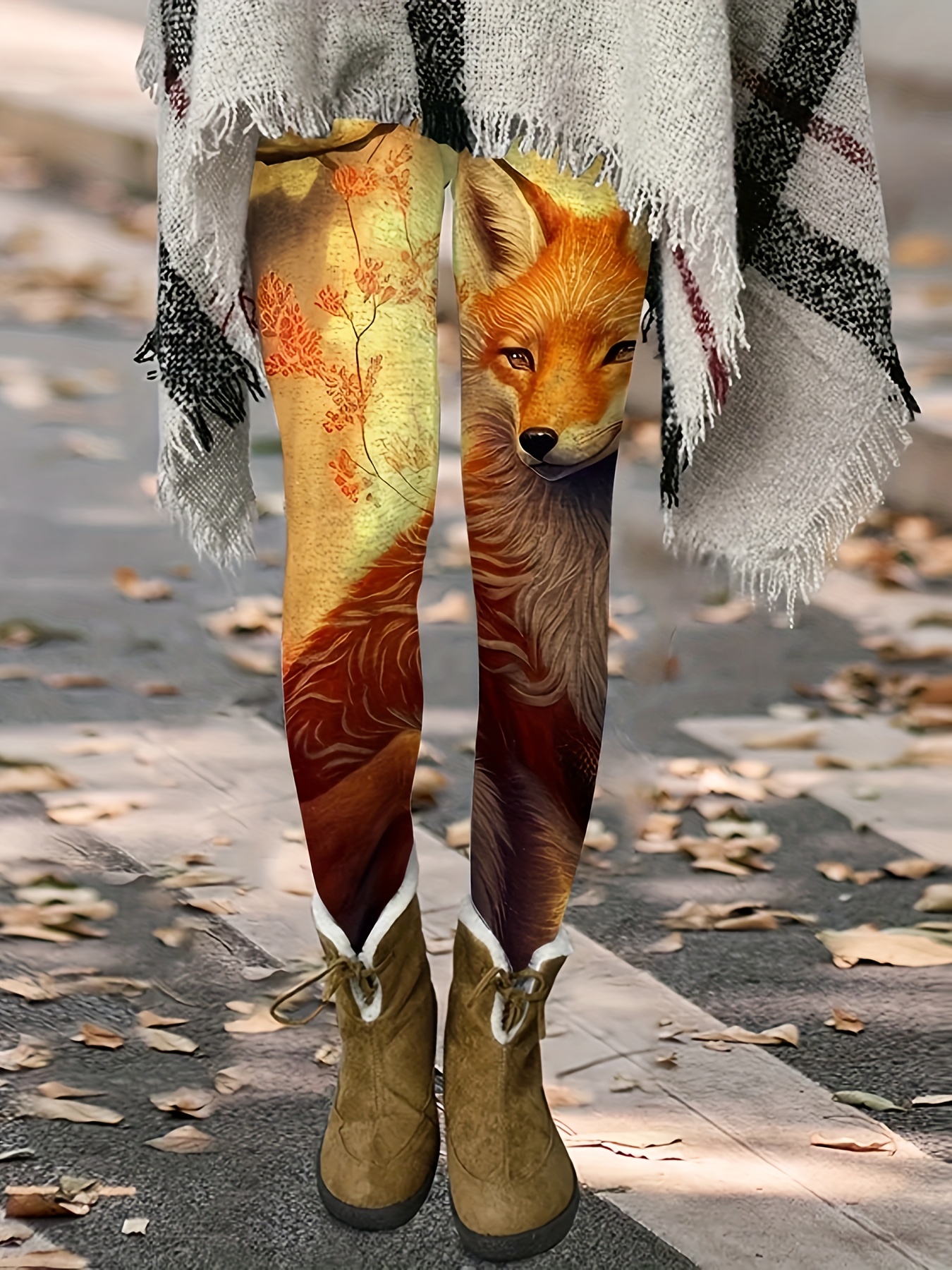 Fox Print Skinny Leggings Casual Elastic Waist Stretchy Temu