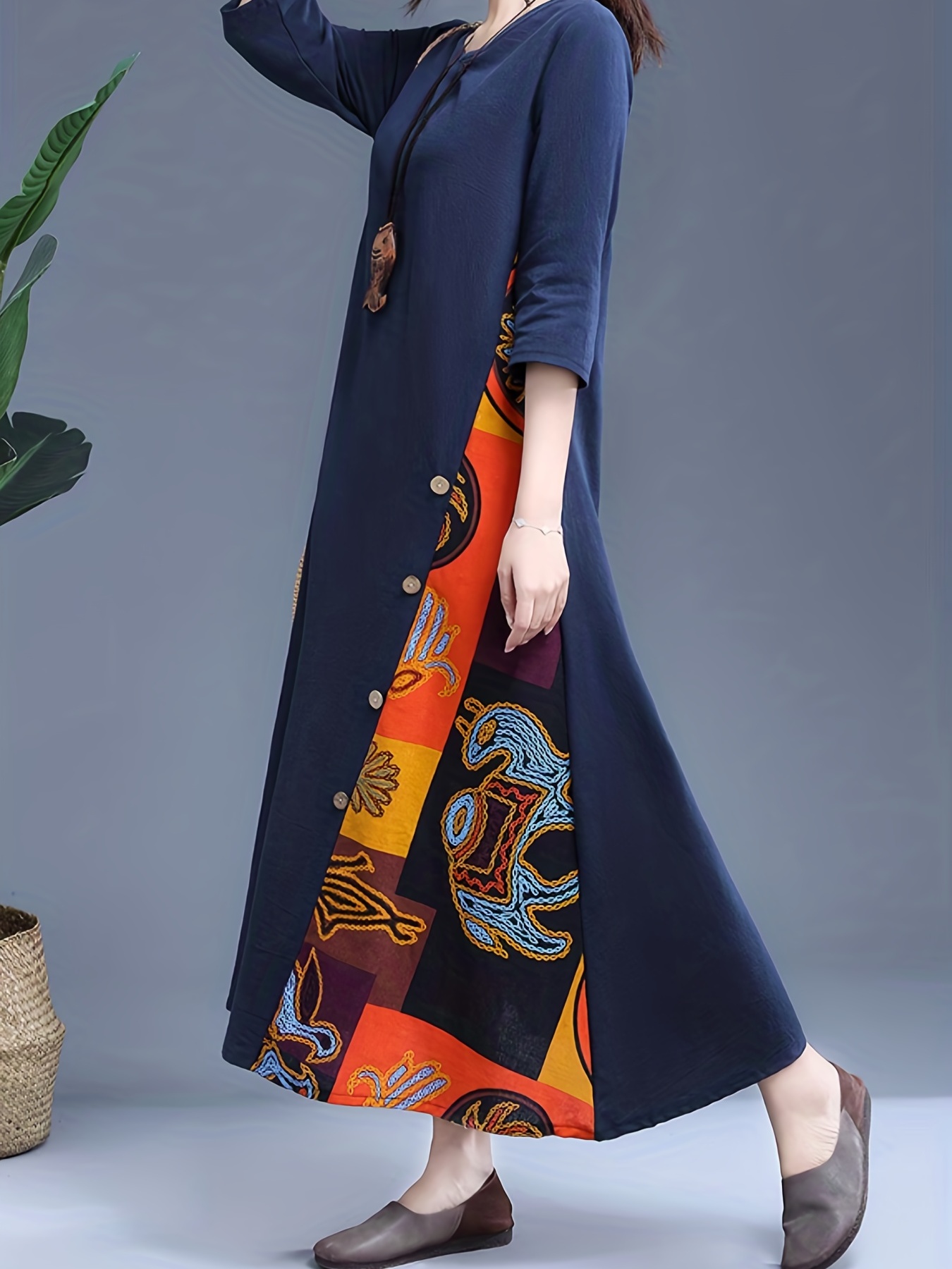Ethnic Print Splicing Dress, Boho 3/4 Sleeve Crew Neck Maxi Dress, Women's Clothing