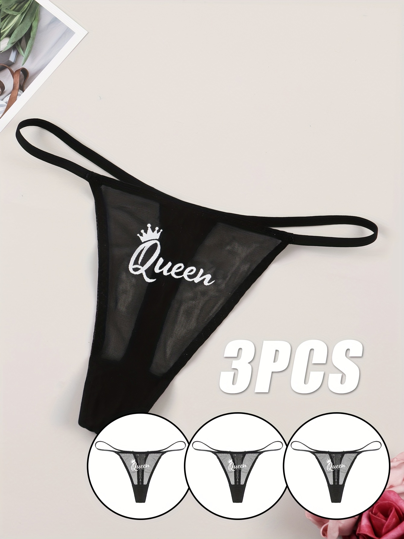 3 Pack Sexy Crown & Letter Graphic Thongs, Breathable Thin Semi Sheer  Intimates Panties, Women's Lingerie & Underwear