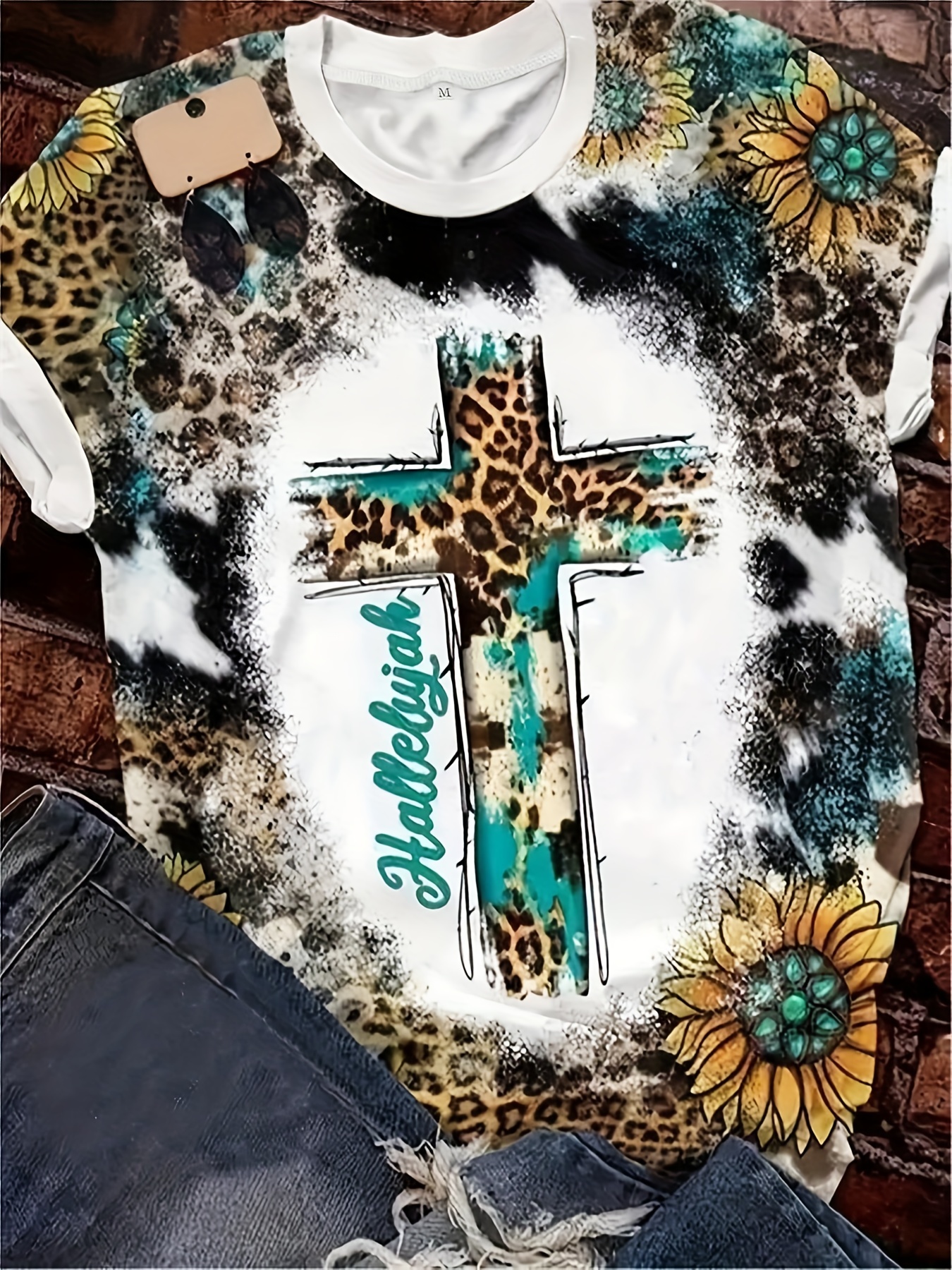 Sunflower Leopard Print T shirt Vintage Crew Neck Short - Temu