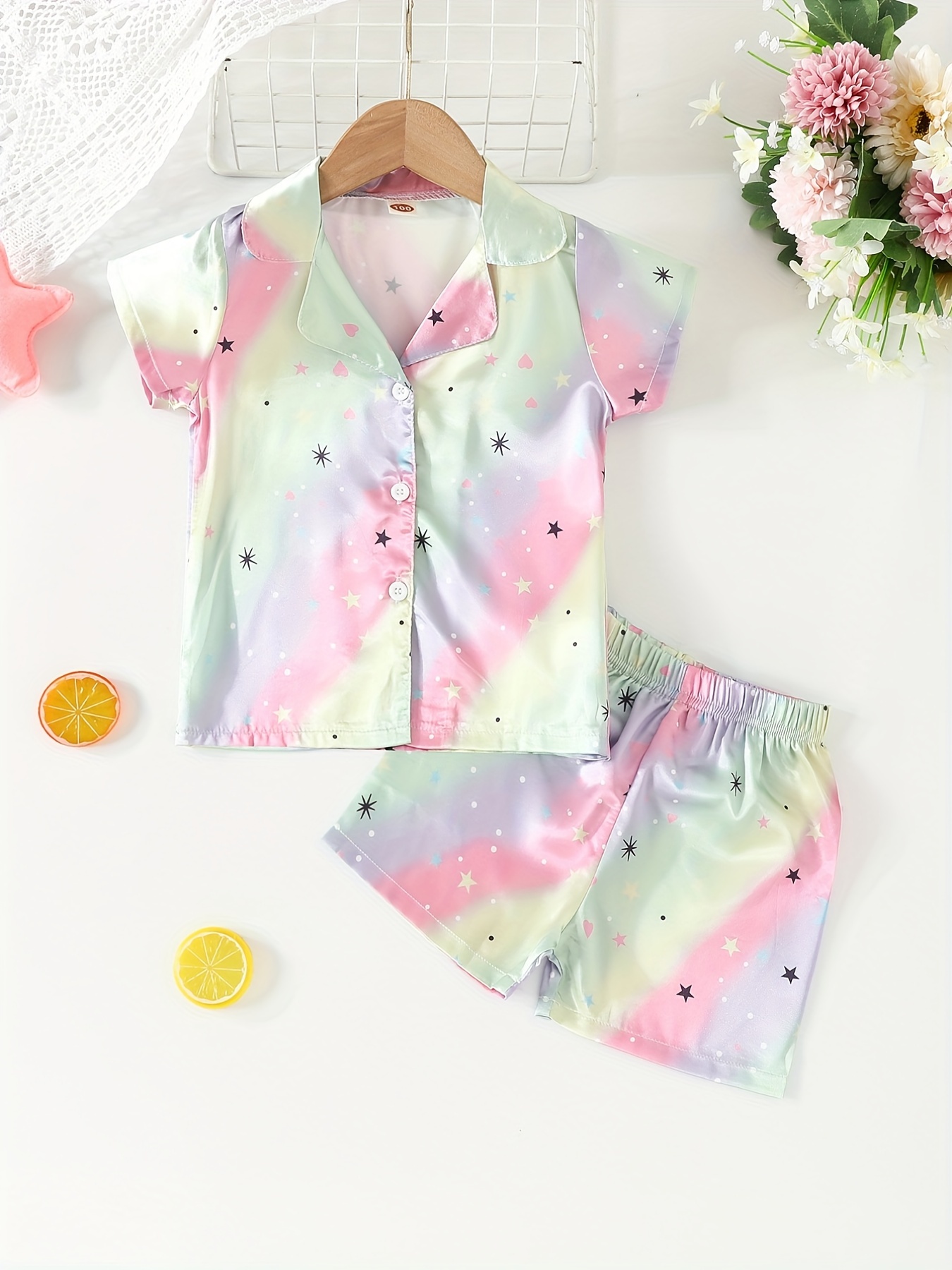 Boys Girls Casual Cotton Pajamas Set Rainbow Star Print Home Temu