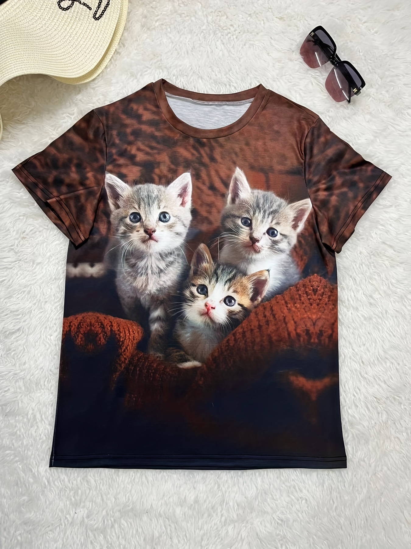 Cute Cat Print Crew Neck T shirt Casual Short Sleeve T shirt - Temu