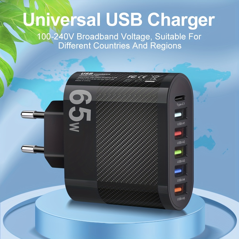 65W 5USB+Type-c Chargeur De Téléphone Portable Multi Interfaces