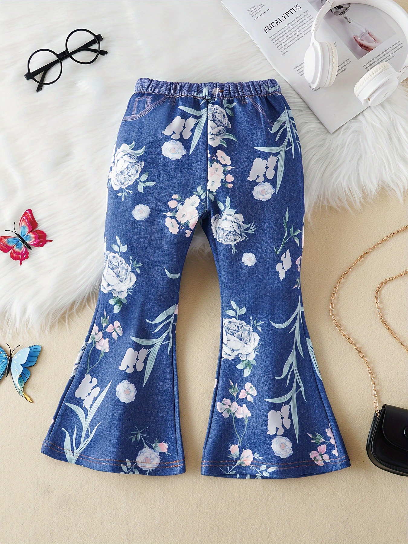 Girls Stretchy Imitation Denim Print Allover Print Flared Jeans Casual  Pants With Digital Print, Fits For Toddlers Kids
