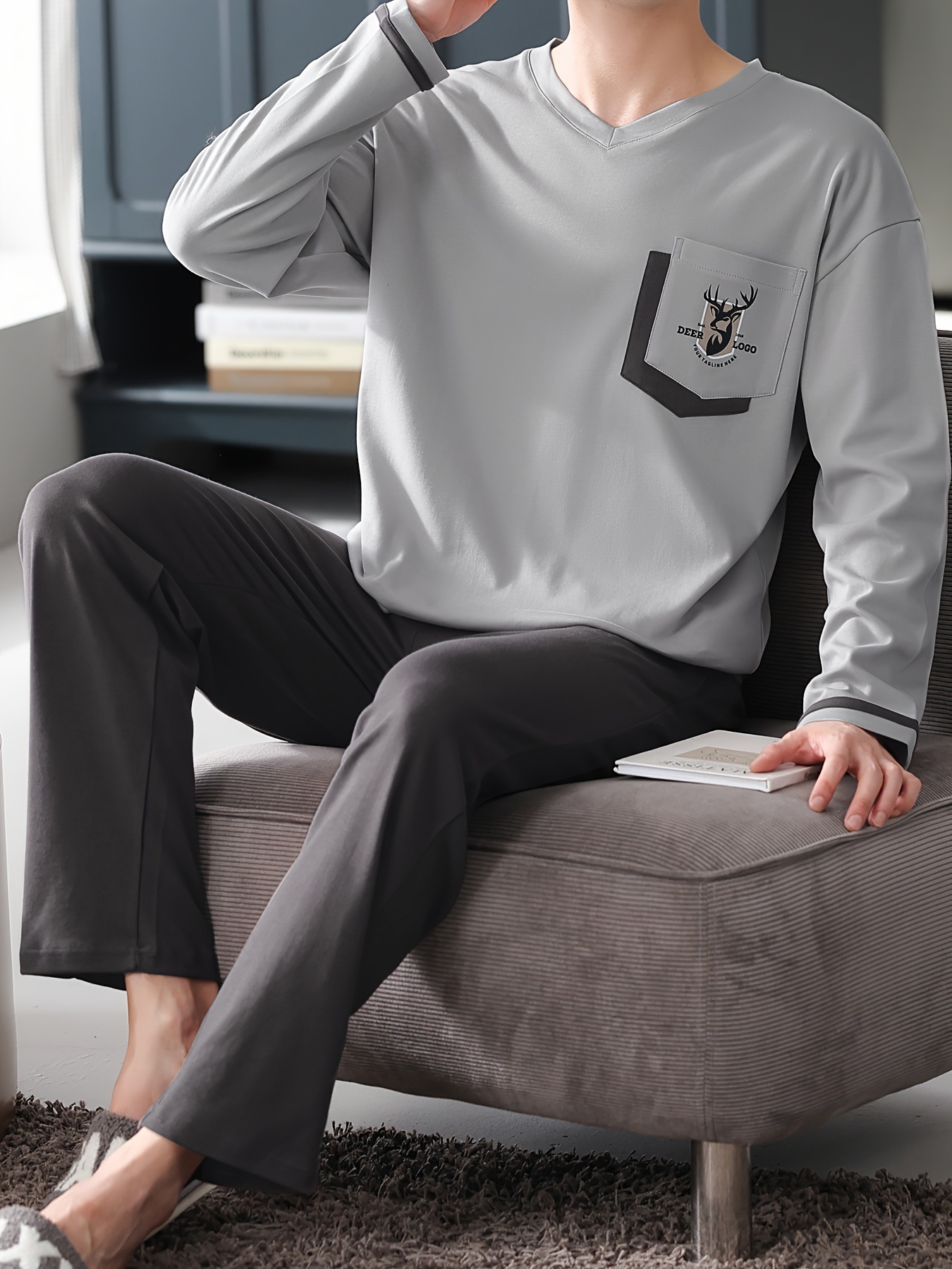 Men's Pure Cotton Long Sleeve Pajamas Spring/Autumn Thin Style Youth Home Wear Set Loose Fit for Autumn/Winter
