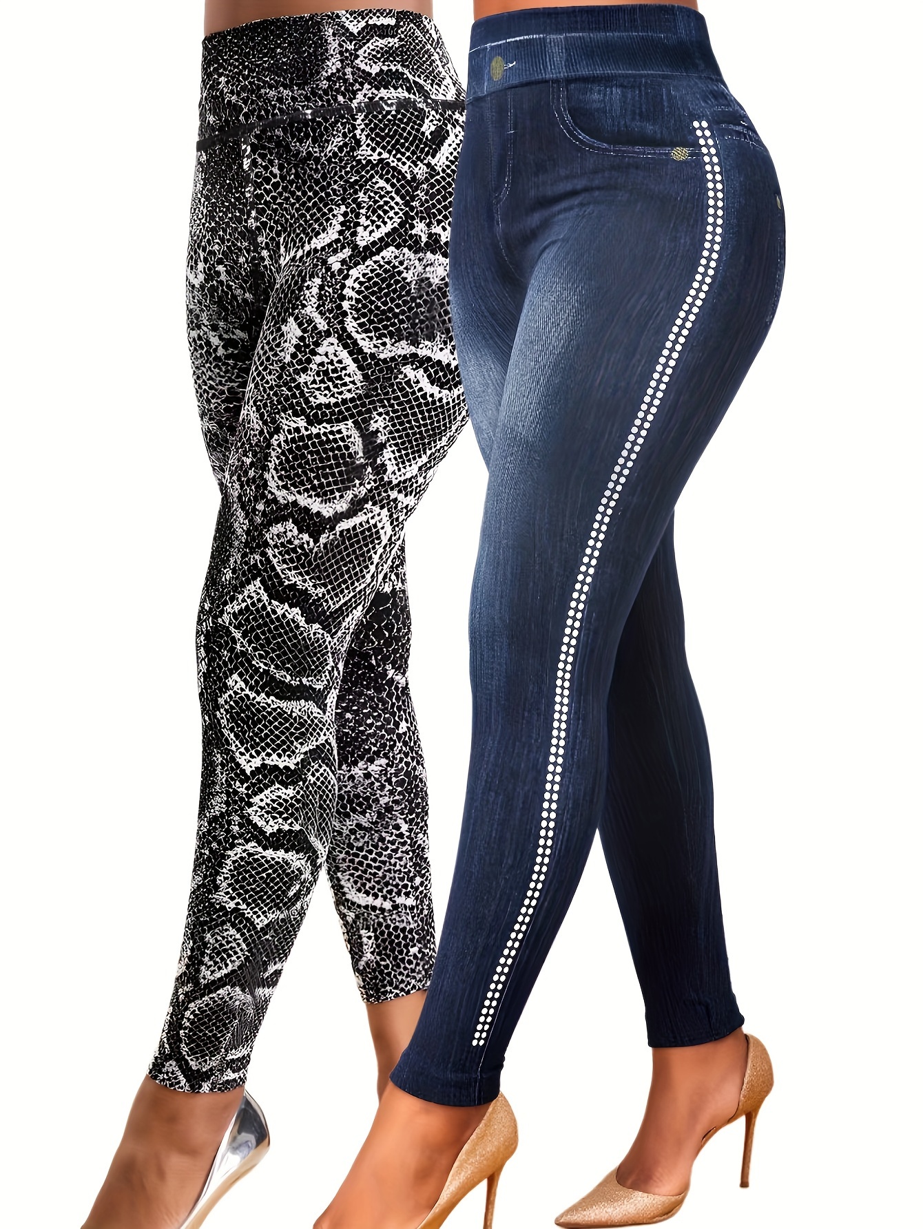 Yoga Pants Snake Print Faux Denim Print Sports Leggings - Temu New