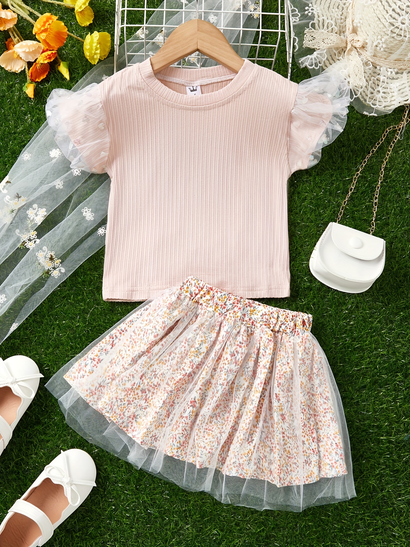 2pcs Toddler Girls Heart Mesh Puff Sleeve Splicing Ribbed Knit T-Shirt Tops  & Floral Tulle Skirt Set Kids Summer Clothe