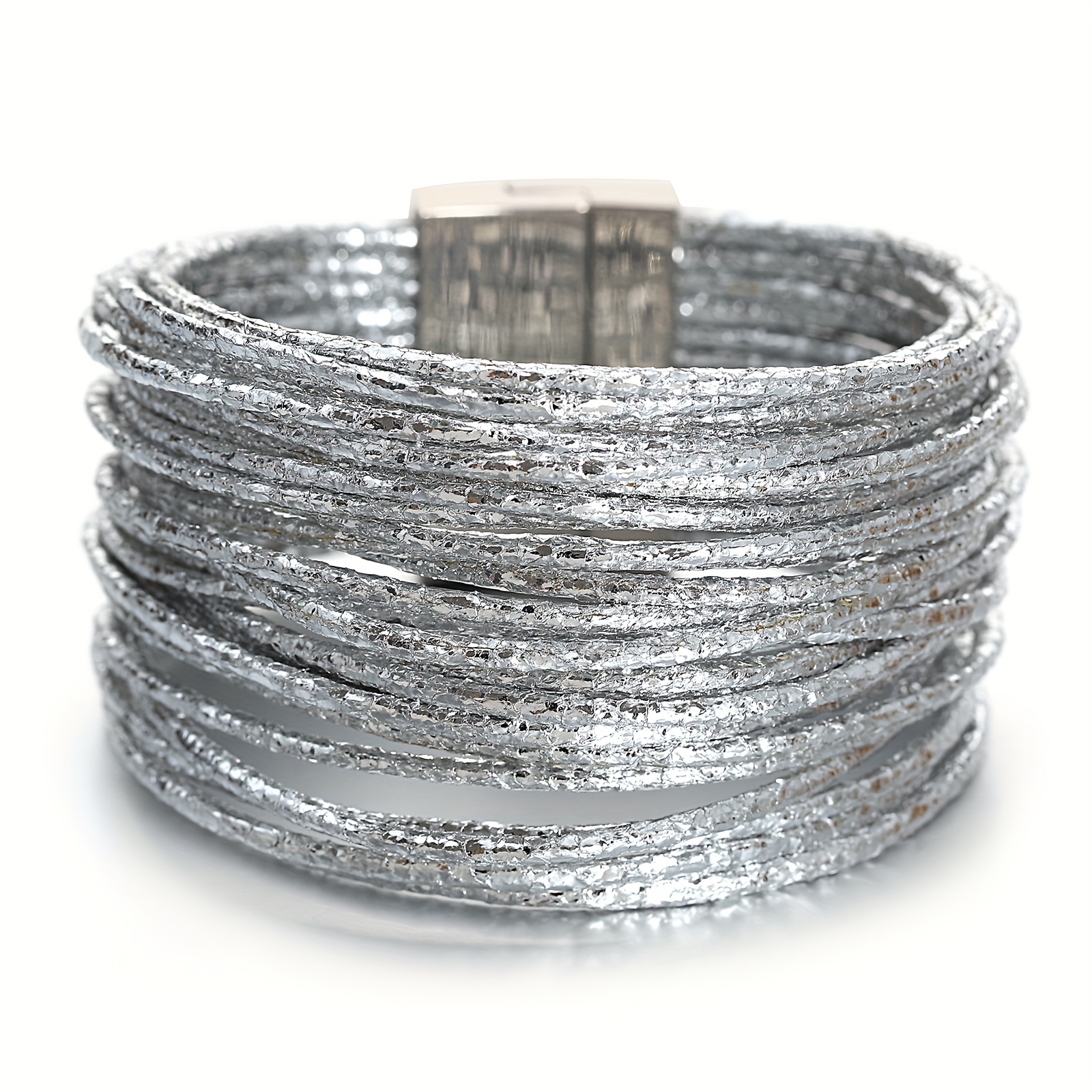 TEMU 1pc Slim Stripes Wide Multilayer Wrap Bracelet Metallic Shiny Glitter Artificial Cuff With Magnetic Clasp Jewelry For Men Women Holiday Party