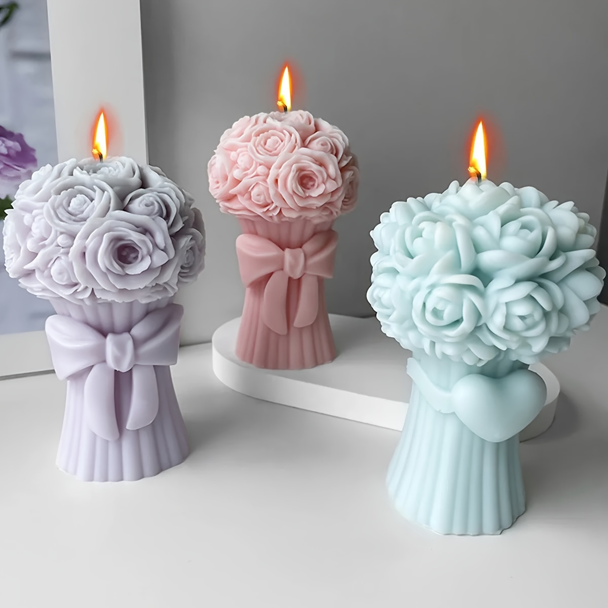 

1pc Romantic Love Bouquet Flower Silicone Candle Mold Butterfly Knot Rose Soap Resin Making Decor Wedding Day Gift