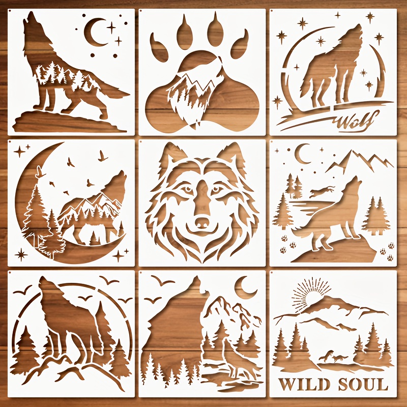 Wolf Stencils Template Plastic Forest Mountain Moon Drawing Painting  Stencils Square Reusable Stencils for Painting on Wood Floor Wall and Tile