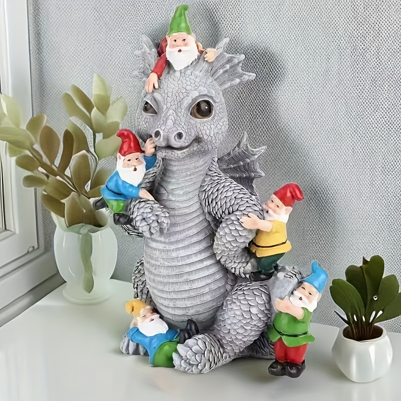 

1pc Dinosaur With Gnome Resin Sculpture For Desktop, Home Decor, Garden Decor, Outdoor