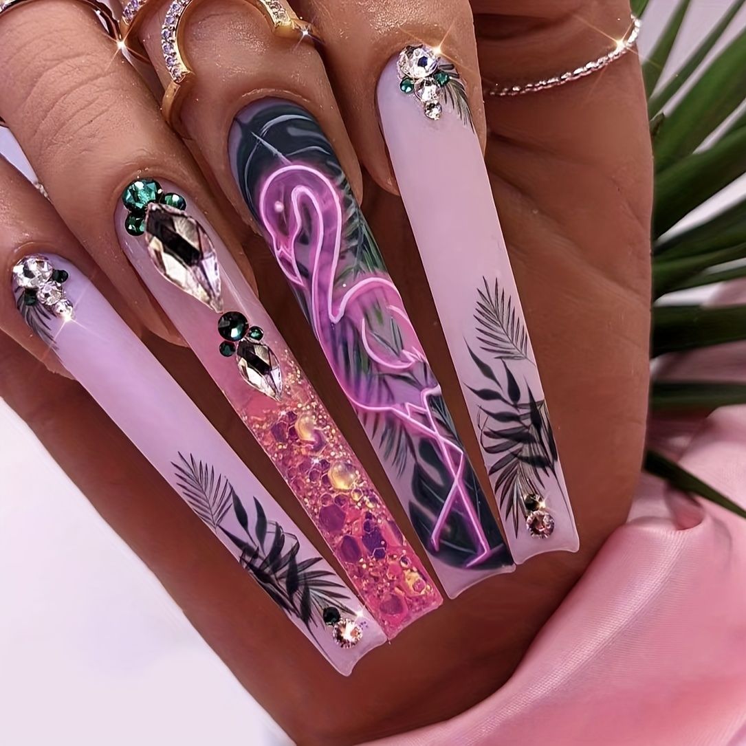 

24pcs Glossy Forest Leaves And Flamingo Press On Nails - Full Cover Coffin Ballet Nails For Women And Girls - Sweet And Cool Summer Wear