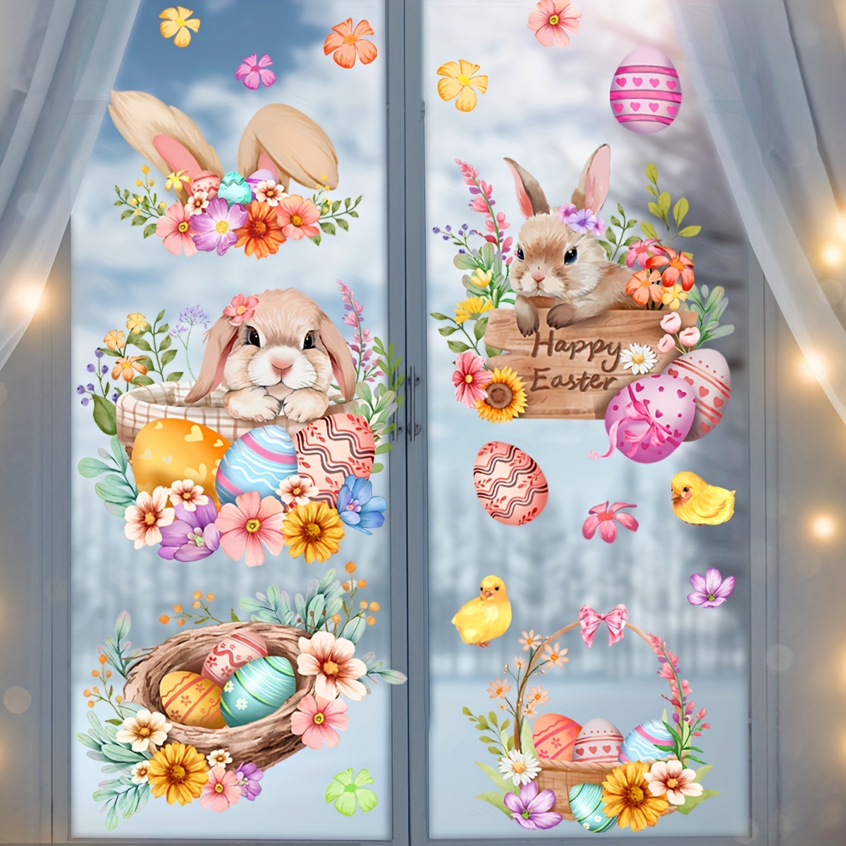 

Easter Bunny & Egg Cartoon Wall Decal - Reusable Pvc Static Cling Window Sticker For Home Decor, 5mil , Glass, Dj8019-nh, Contemporary Style