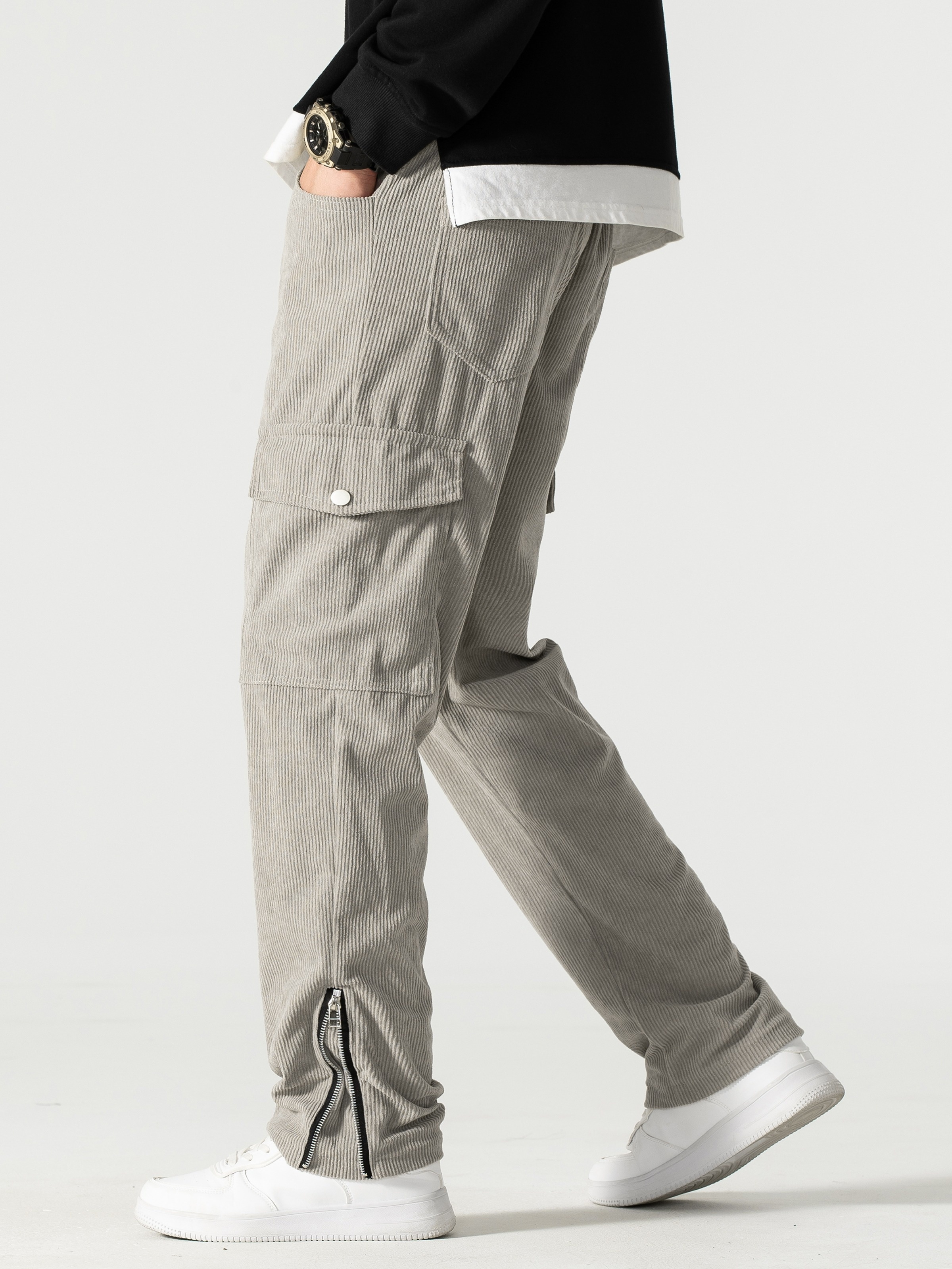 Men Corduroy Flap Pocket Side Cargo Trousers