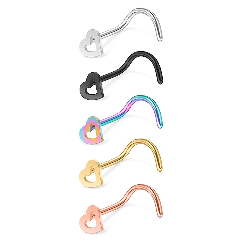 Image of 5pcs Hollow Heart Nose Stud Set Stainless Steel Nose Ring Nostril Piercing Nariz Pin Screw Body Jewelry