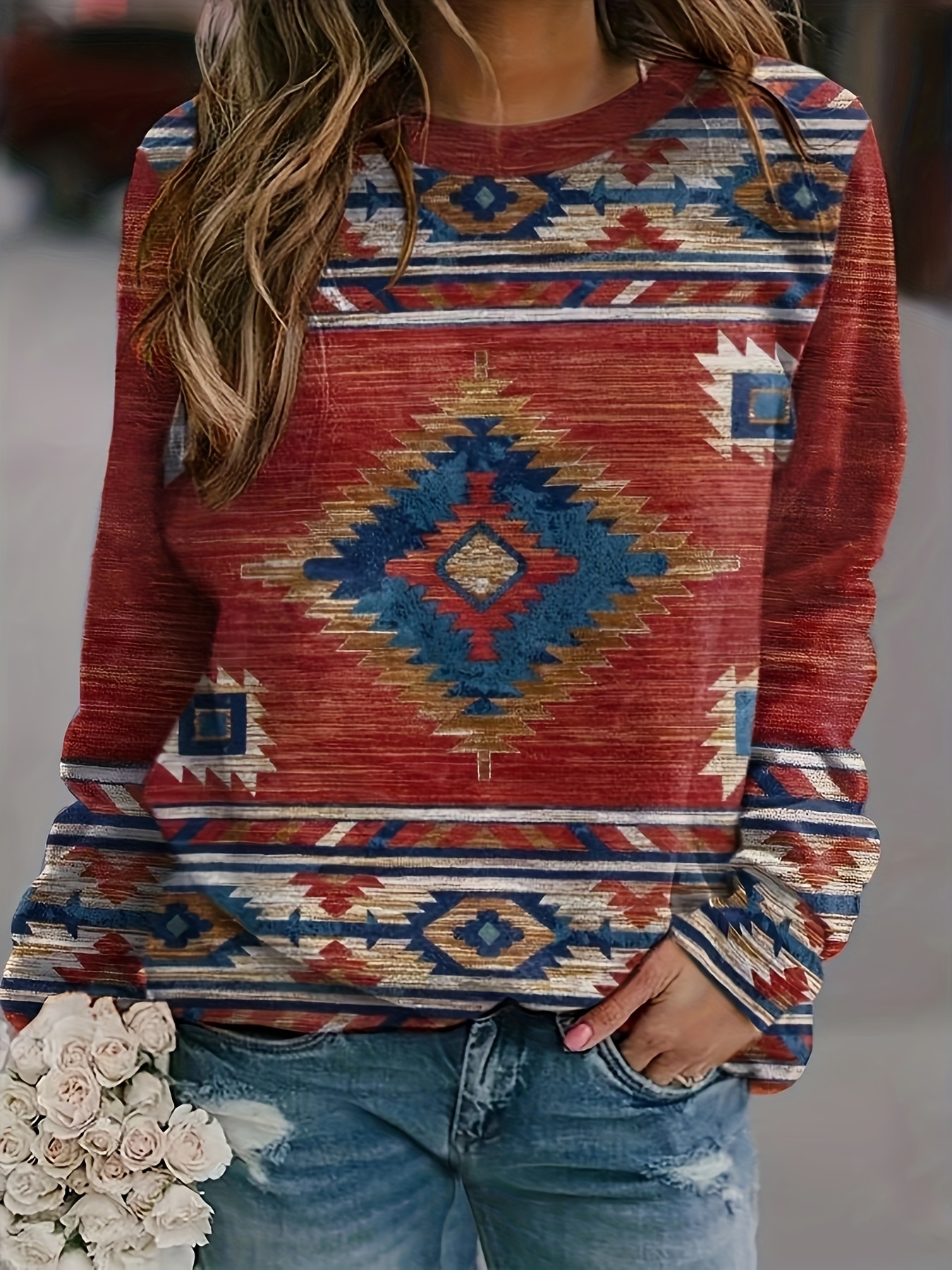 Aztec Print Sweatshirt Ethnic Western Style Crew Neck Long - Temu
