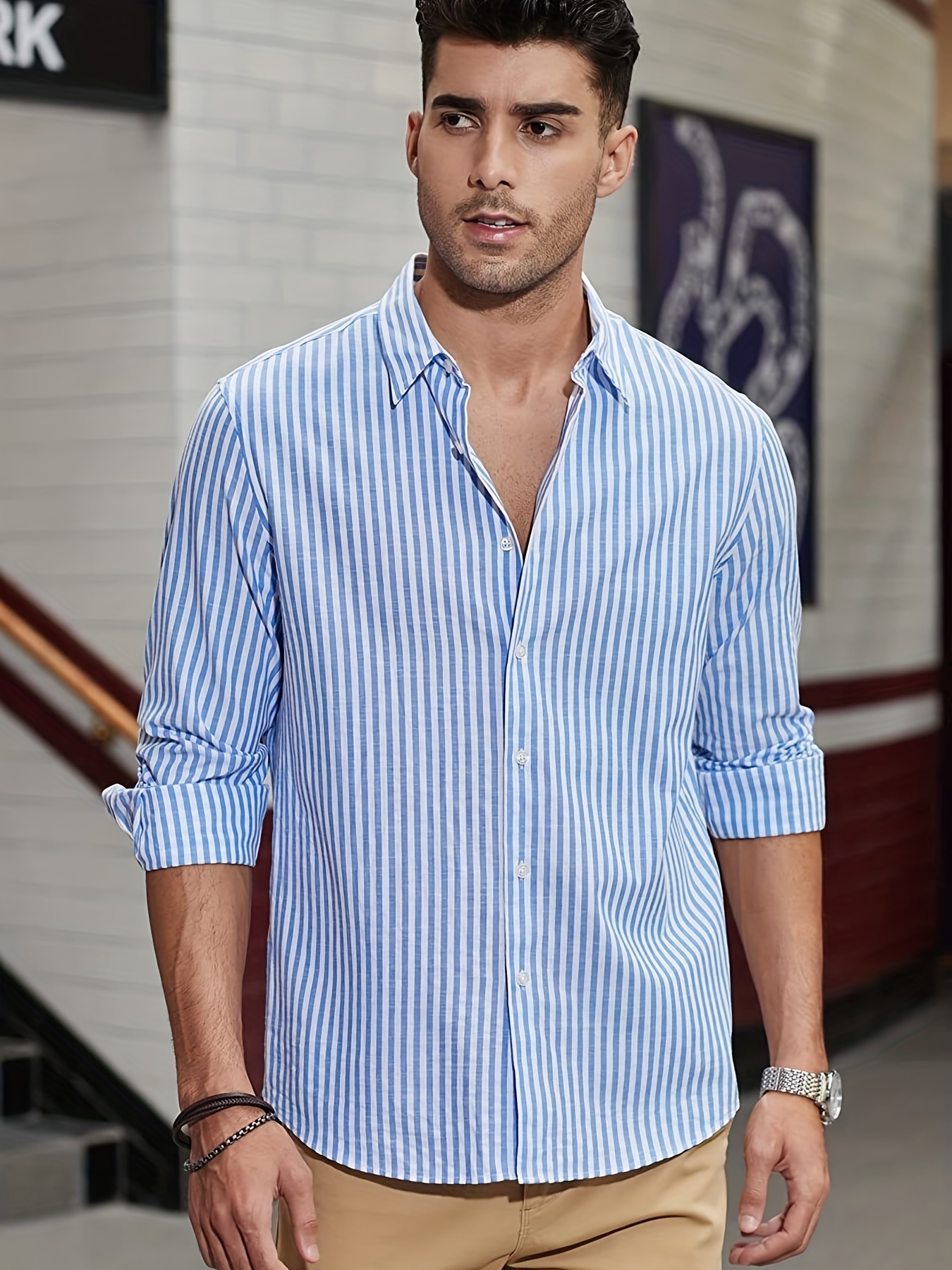 Men's Light Blue Vertical Striped Button Down Shirt 