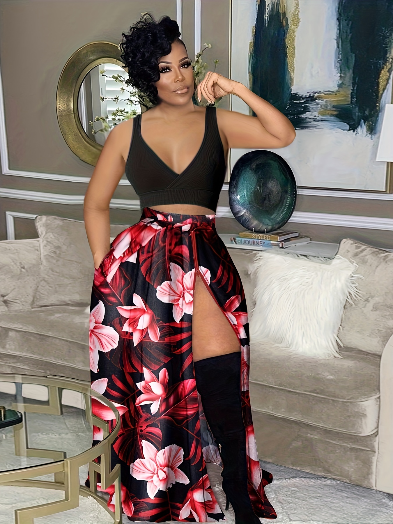 women's spring/summer casual floral print maxi skirt zipper Temu