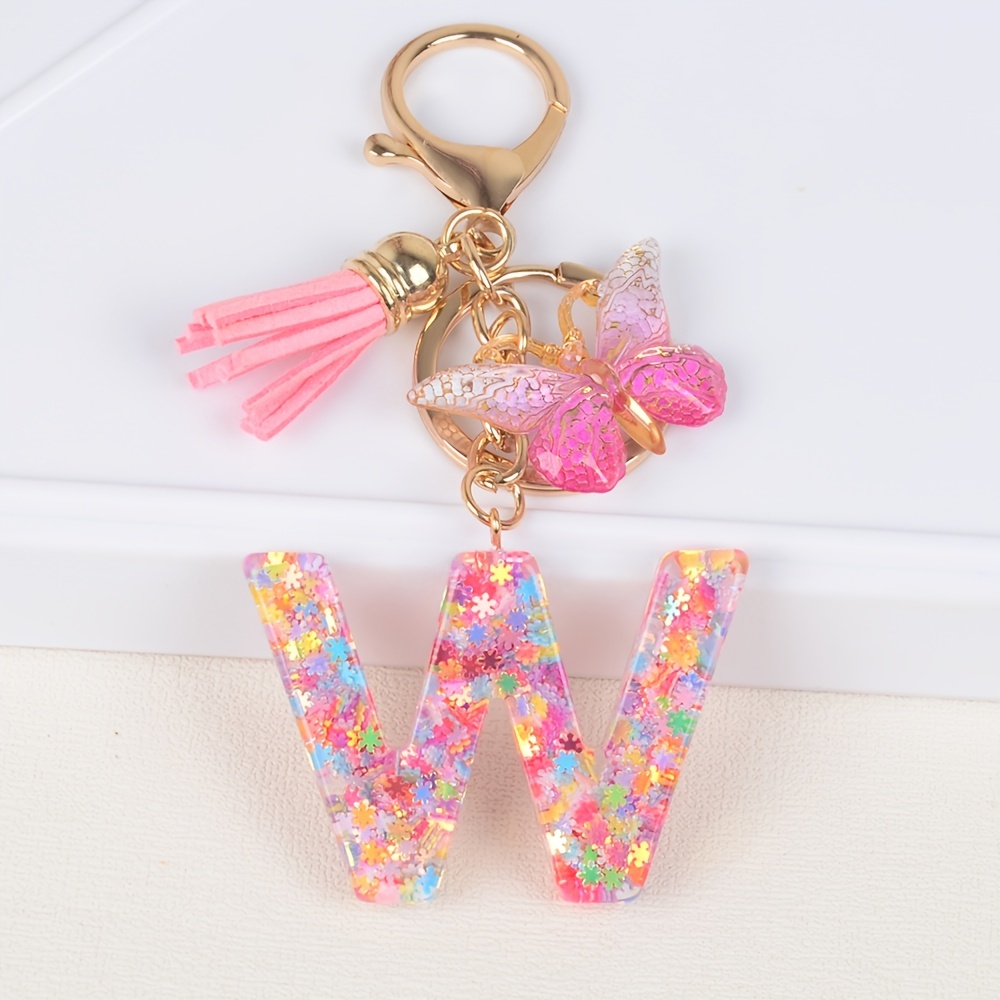 Sequins Alphabet Keychain Cute Color Block Resin Key Chain - Temu