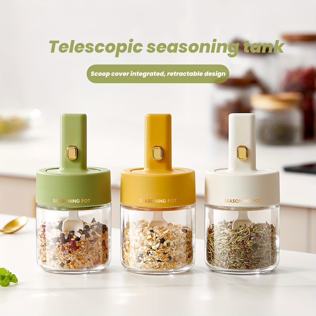 Scoop-Lid Integrated Telescopic Seasoning Jar Retractable Spoon
