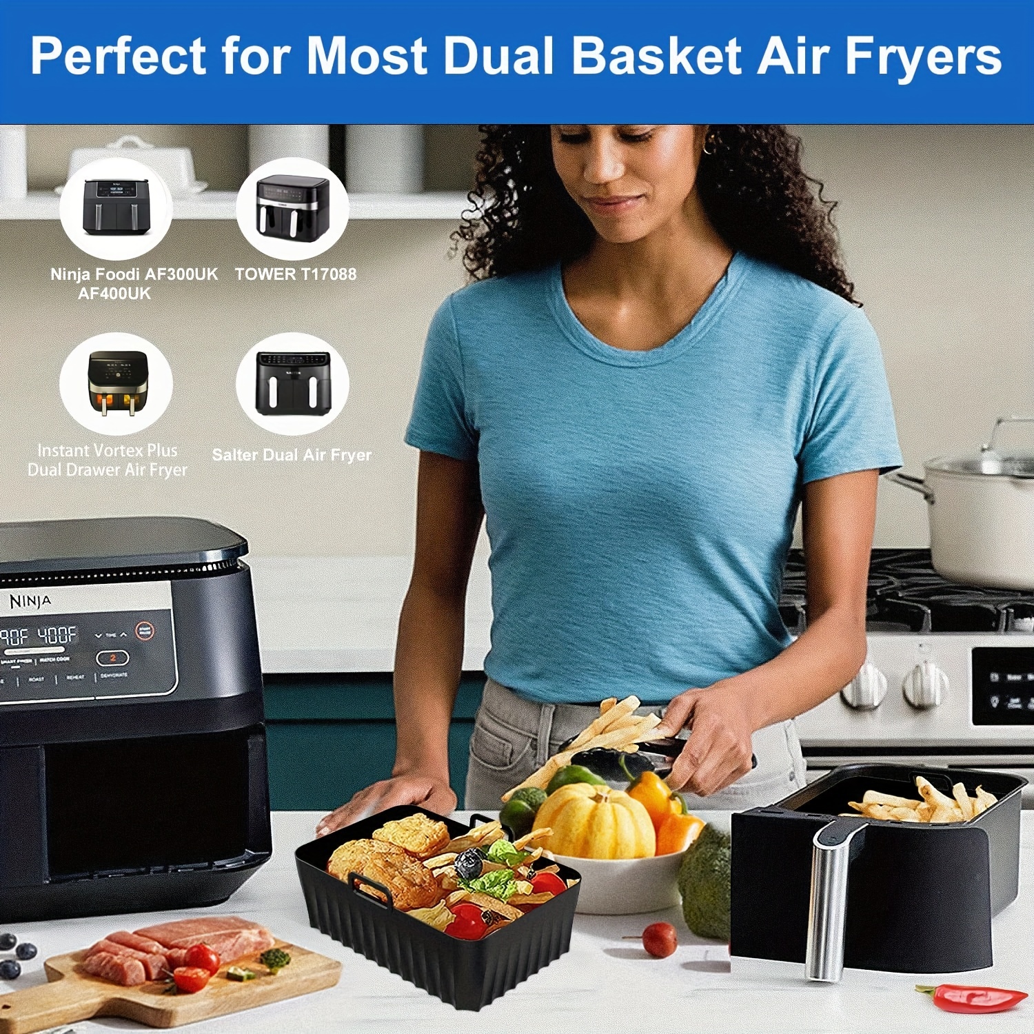 2 Pack Air Fryer Silicone Pots, 8.5 Inch Reusable Air Fryer Silicone Liners  For Ninja Foodi AF300UK/AF400UK, Tower, Instant Vortex Air Fryer, Food Saf