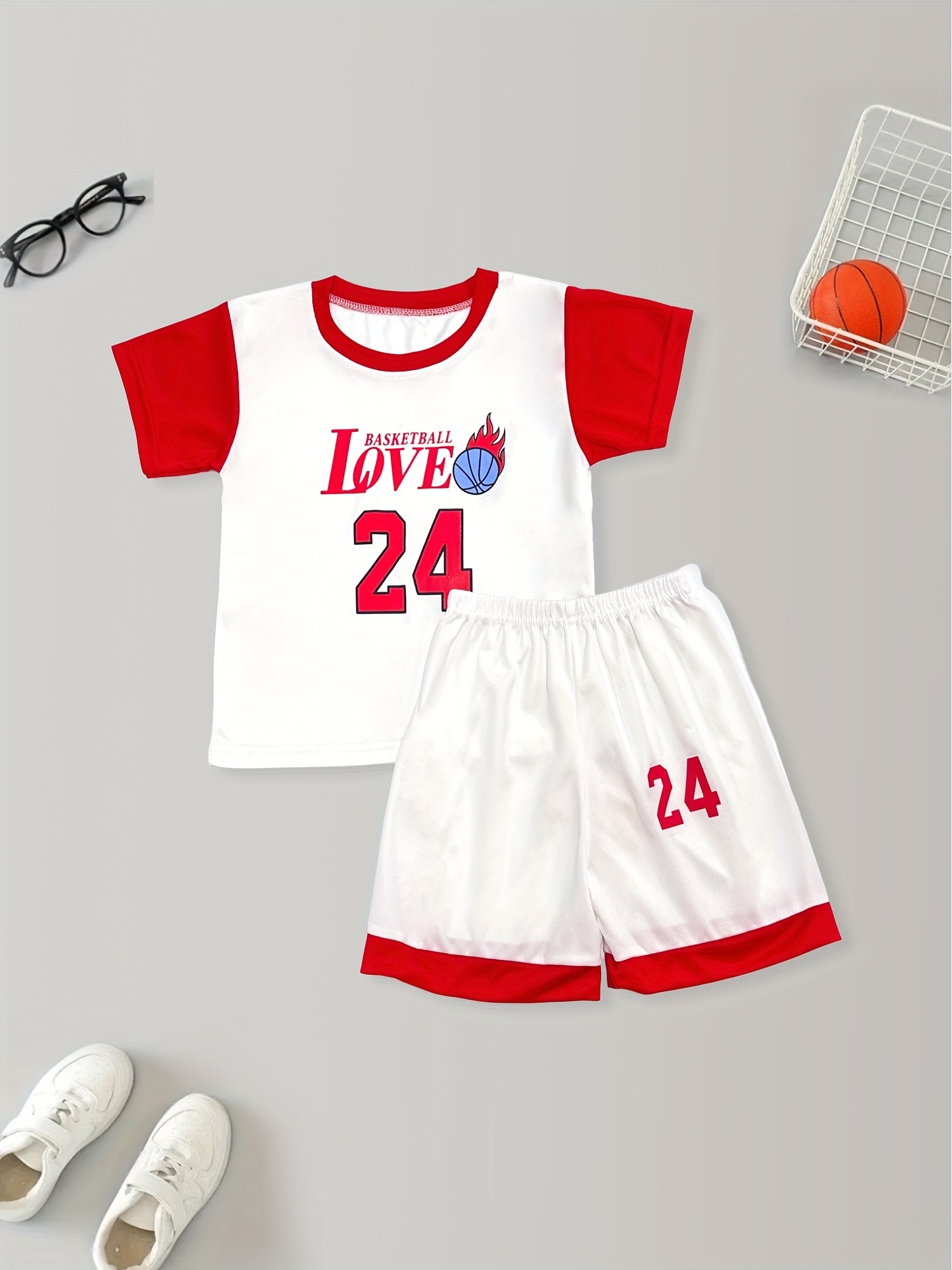 Boys Basketball Suit Sports Outfit Short Sleeves Round Neck Tops