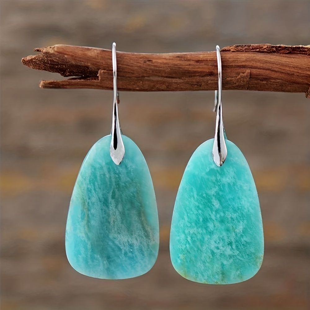 Teal Amazonite Dangle Earrings Natural Stone Copper Hooks