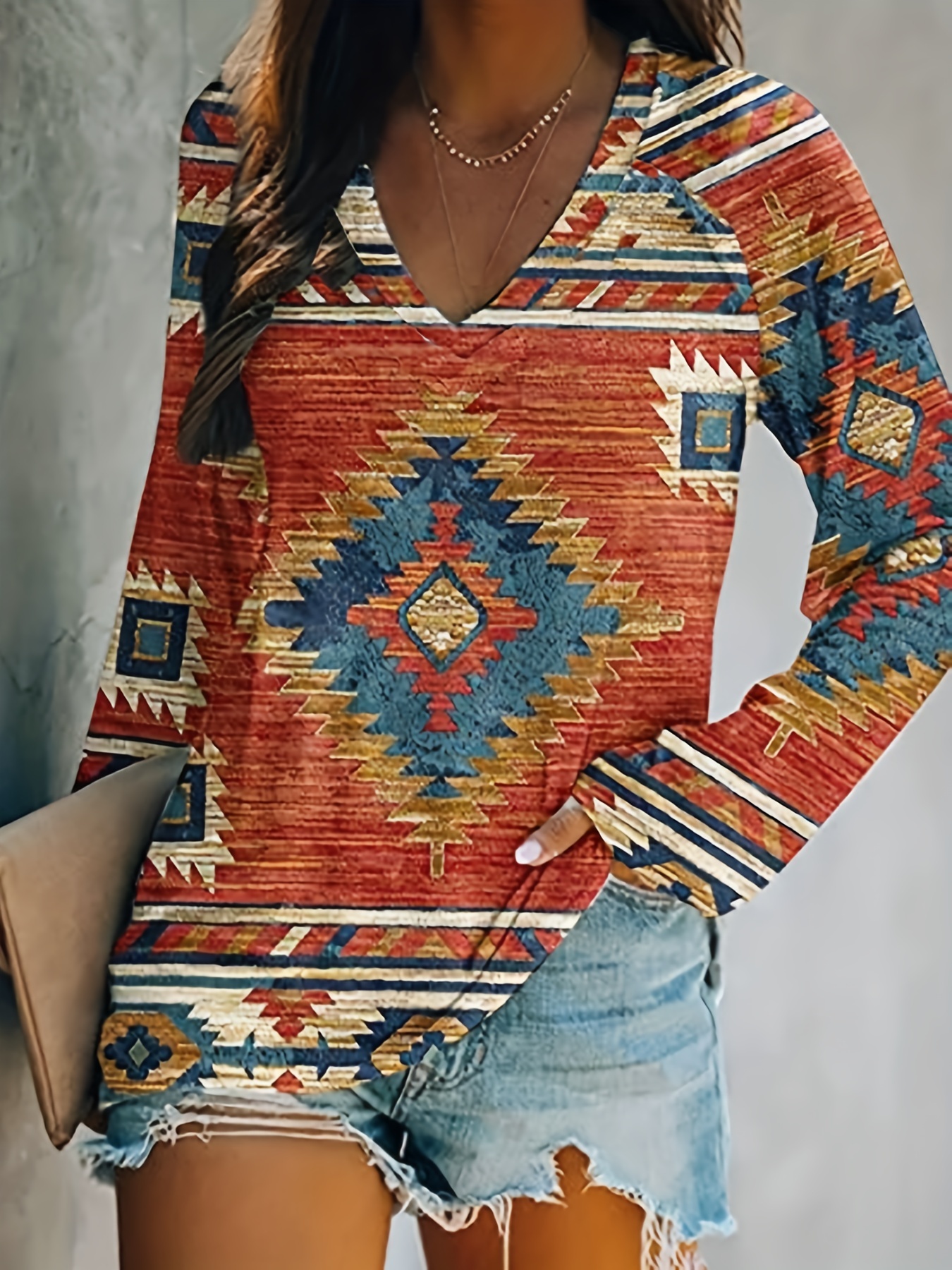 aztec print long sleeve t shirt western style v neck ethnic t shirt womens clothing mixed color 4 0