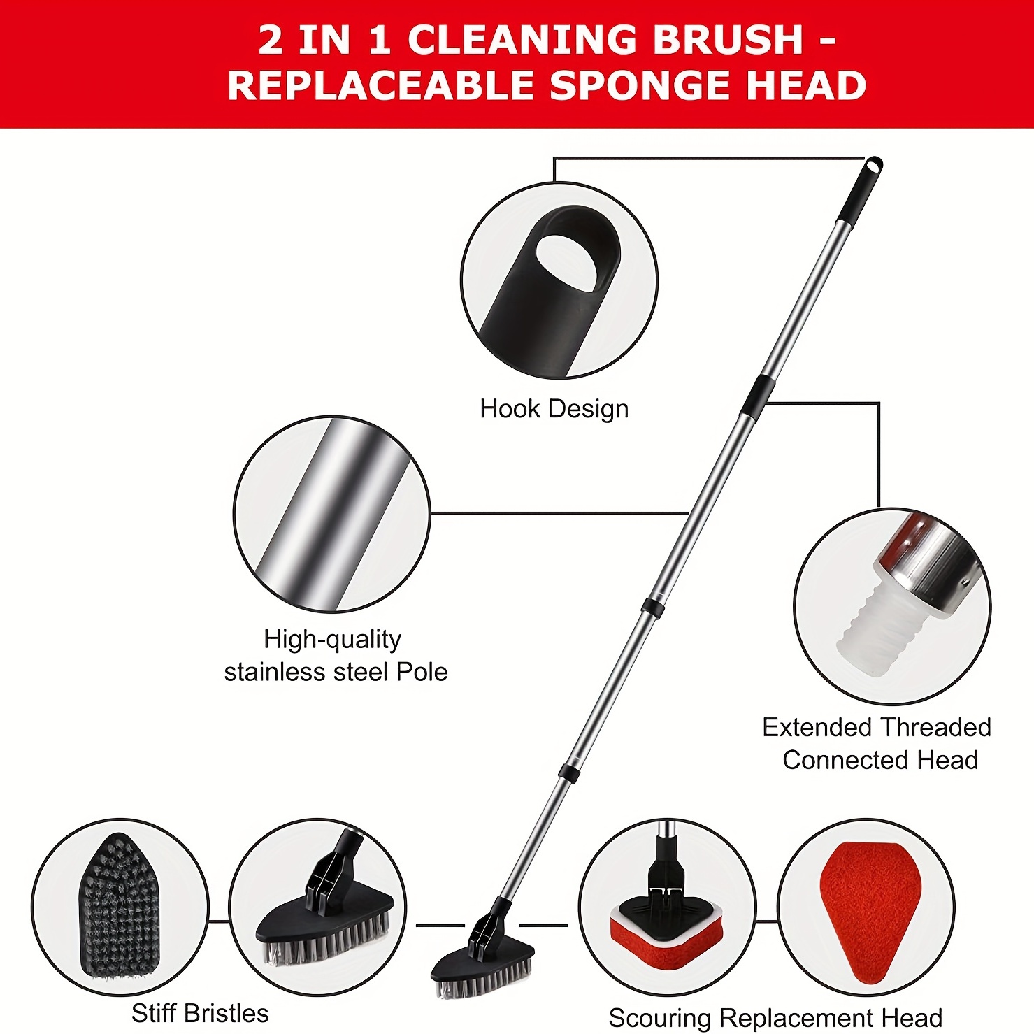 1 Tub Tile Scrubber With Extendable Long Handle, Stiff Bristle, Shower  Scrubber With 360 Degree Rotatable Head, Floor Scrub Brush With Scraper,  With 2 Replaceable Heads, Cleaning Supplies, Cleaning Tool, Christmas  Supplies - Temu