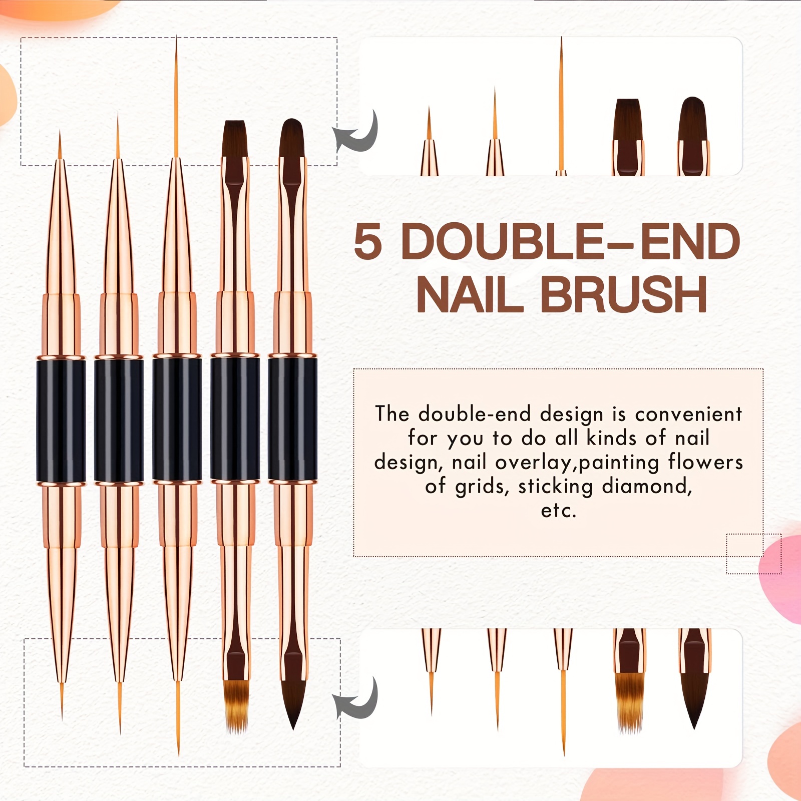 Double-Ended Nail Art Brushes, TEOYALL 5 PCS Nail Design Tools Kit  Including Nail Liner Brush and Nail Dotting Pens for UV Gel Nail Home Salon
