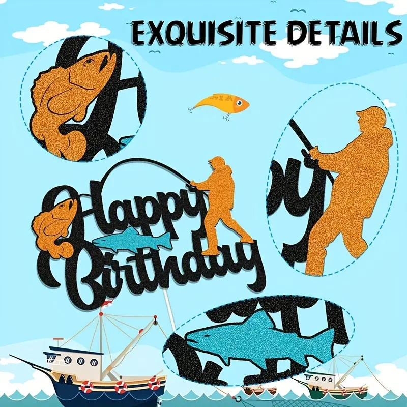 1pc Fishing Theme Birthday Party Cake Topper Decor Baby First