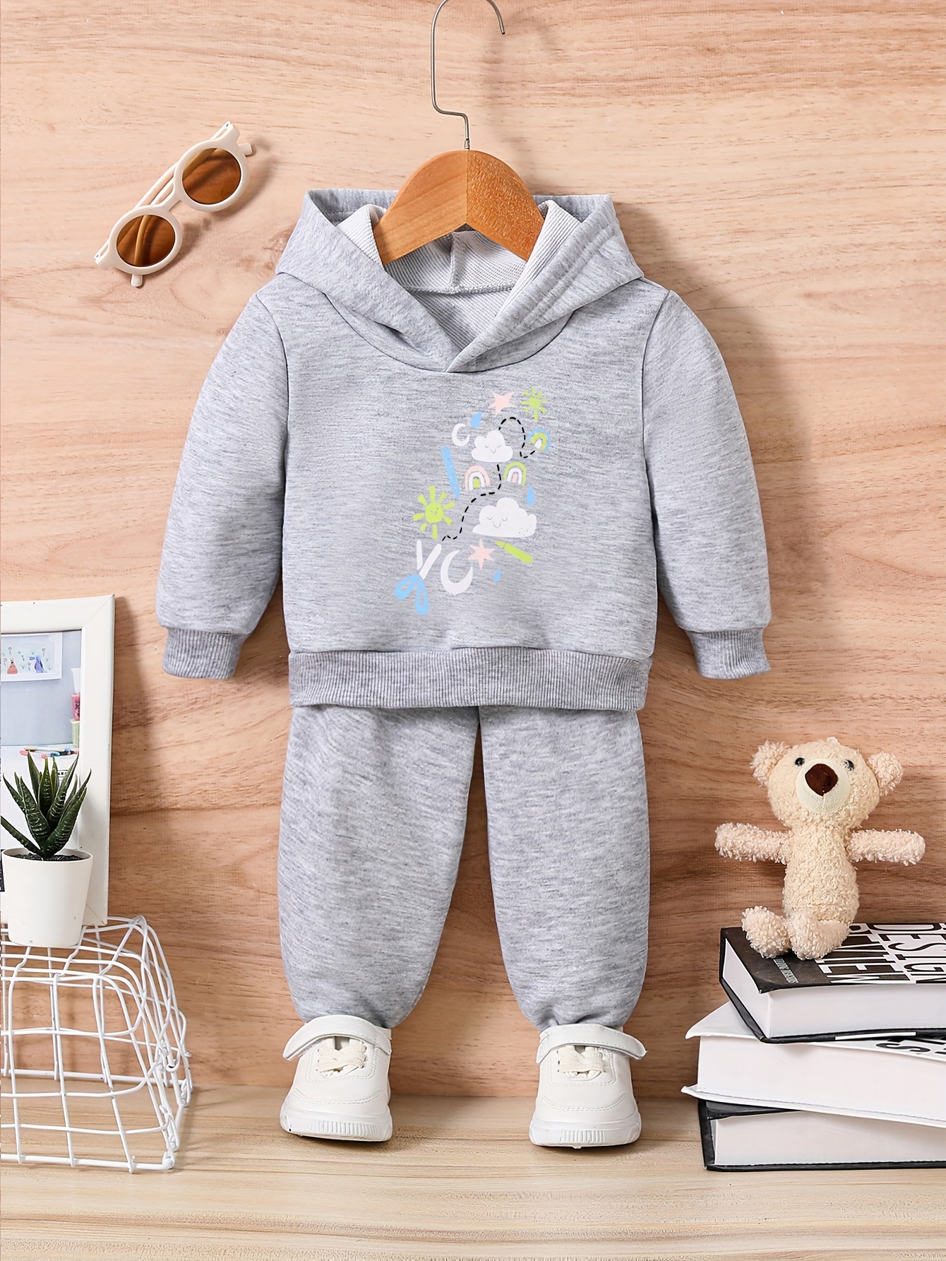 Girl's Rainbow Cloud Print Outfit Hoodie Jogger Pants Set - Temu