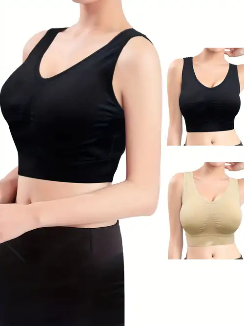 3 Pcs Solid Wireless Sports Bra, Comfy & Breathable Front Closure Push Up  Running Workout Tank Bra, Women's Lingerie & Underwear