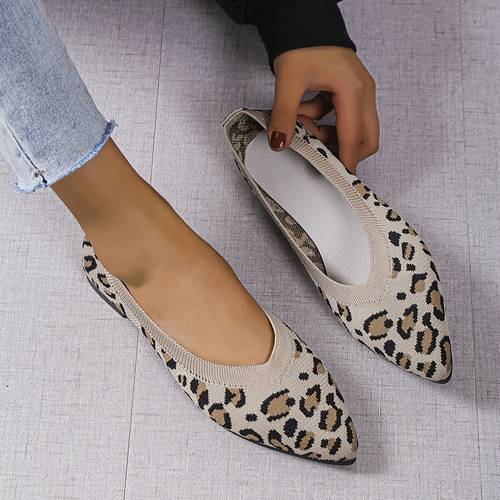 Women's Leopard Pattern Knit Flat Shoes, Fashion Pointed Toe Slip On Ballet Shoes, Women's Footwear