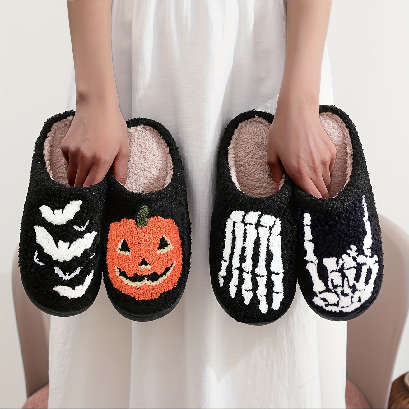 Halloween Pumpkin Pattern Plush Slippers Closed Toe Soft Temu