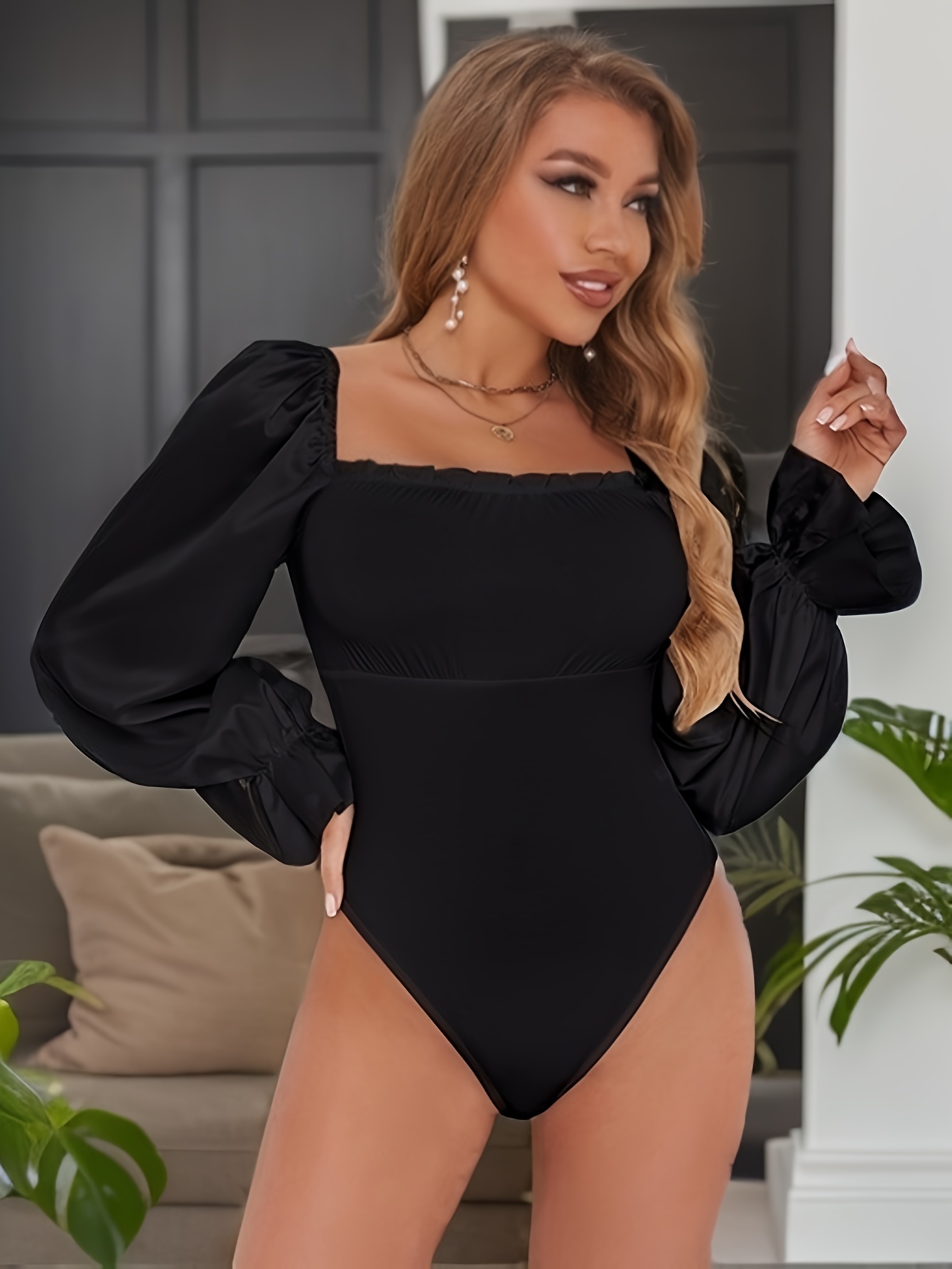 Women's Square Neck Long Sleeve Bodysuit Sexy High Cut Backless Body Suit  Tops