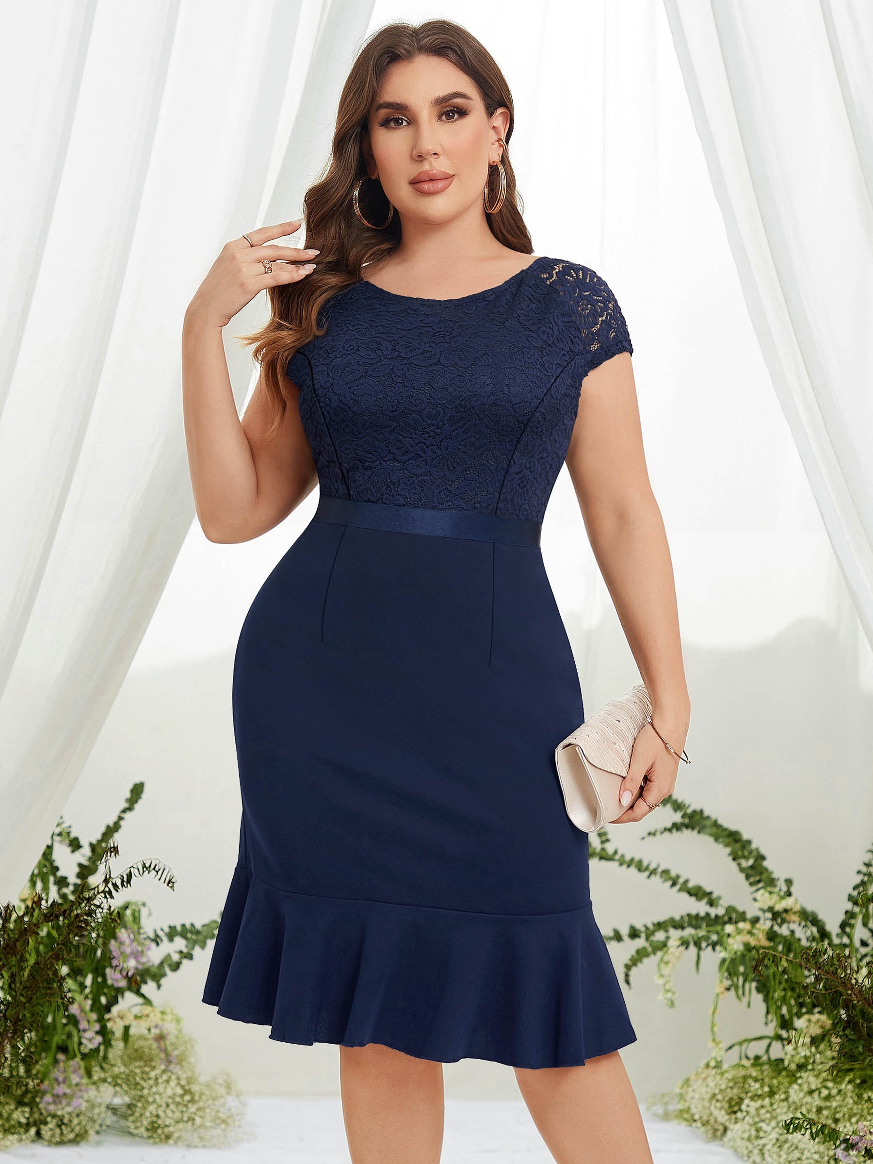 Plus Size Contrast Lace V Neck Ruffle Hem Midi Dress Women's - Temu