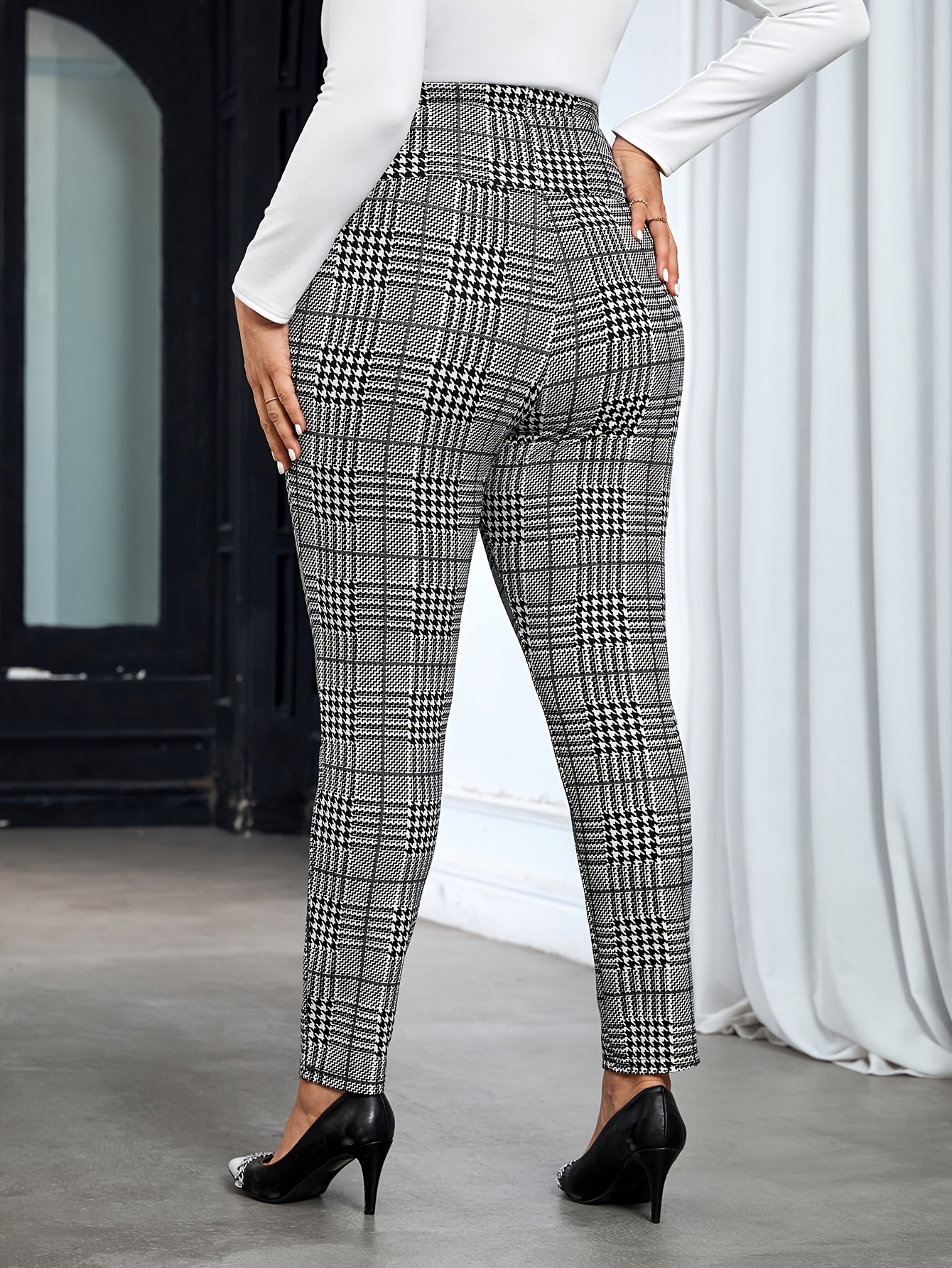 Women's High Waist Elastic Fashion Designer Plaid Pants (Plus Size