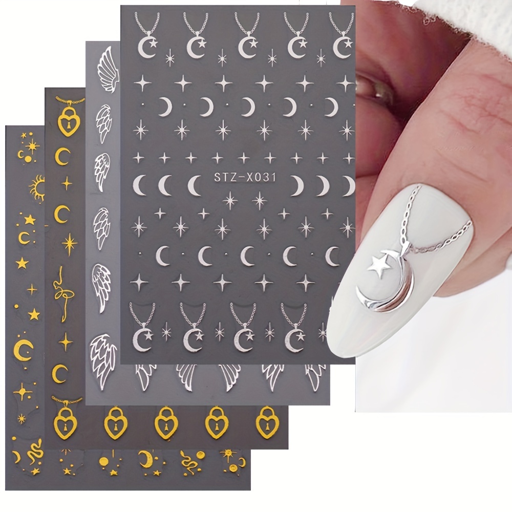 8Sheets Gold Star Nail Sticker Decals- Metallic Nail Supplies 3D  Self-Adhesive Sun Stars Moon Starlight Planets Snake Nail Design Nail Art  Stickers
