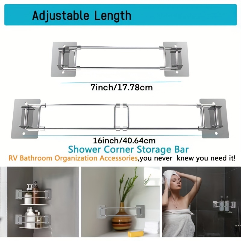 RV Shower Corner Storage Bar- Adjustable Stainless Steel Rod for