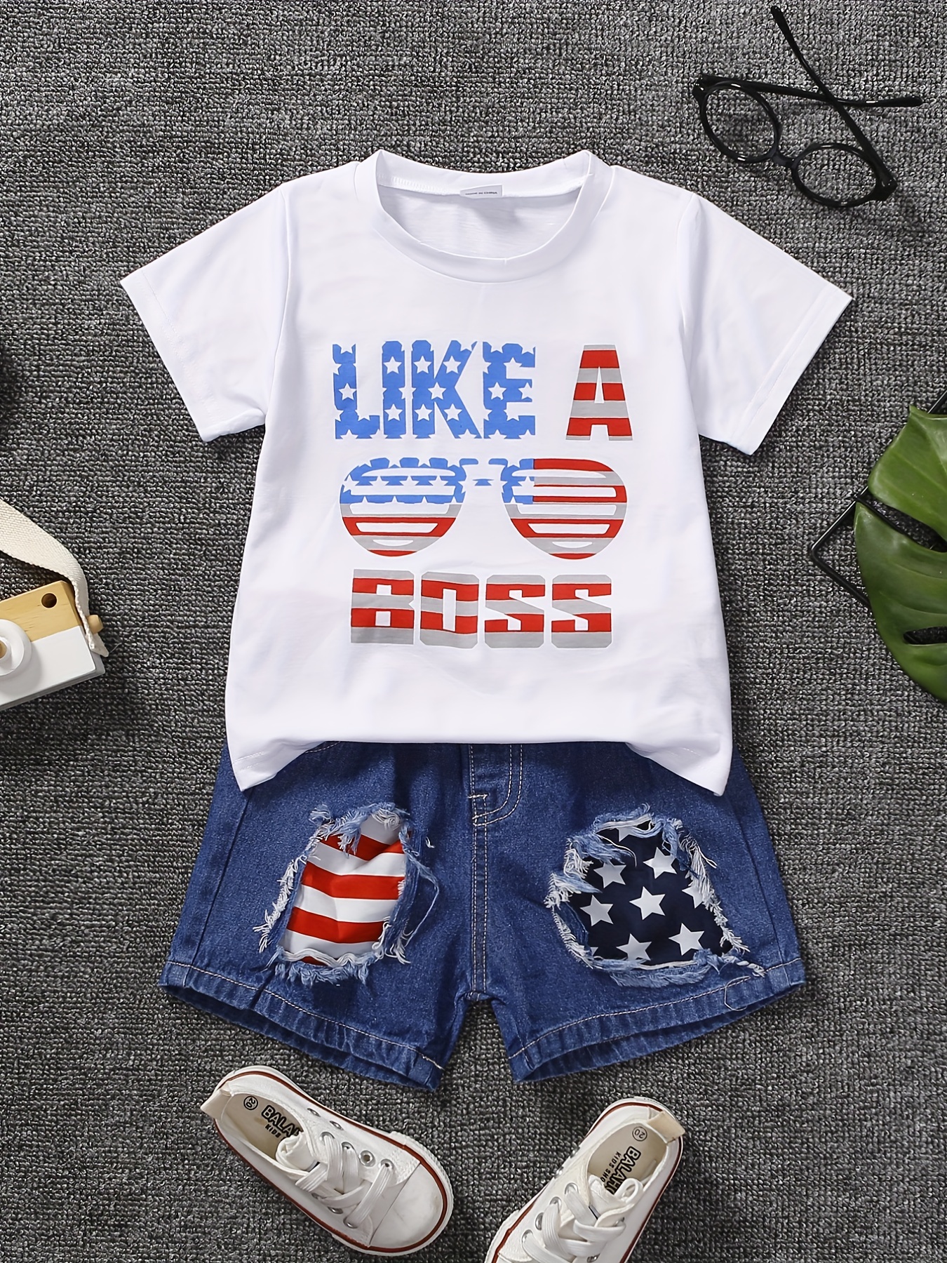 Boys American Flag Letter Print T Shirt And Shorts Set Casual