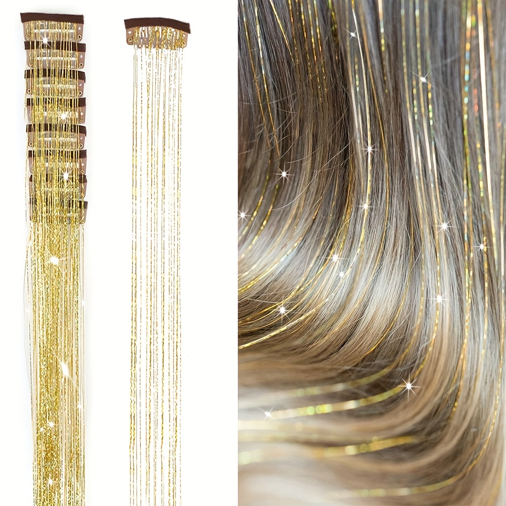 Gold Hair Tinsel, Packs of 12Pcs Clip in Hair Tinsel Kit, 20.5 inch Fairy Hair  Tinsel