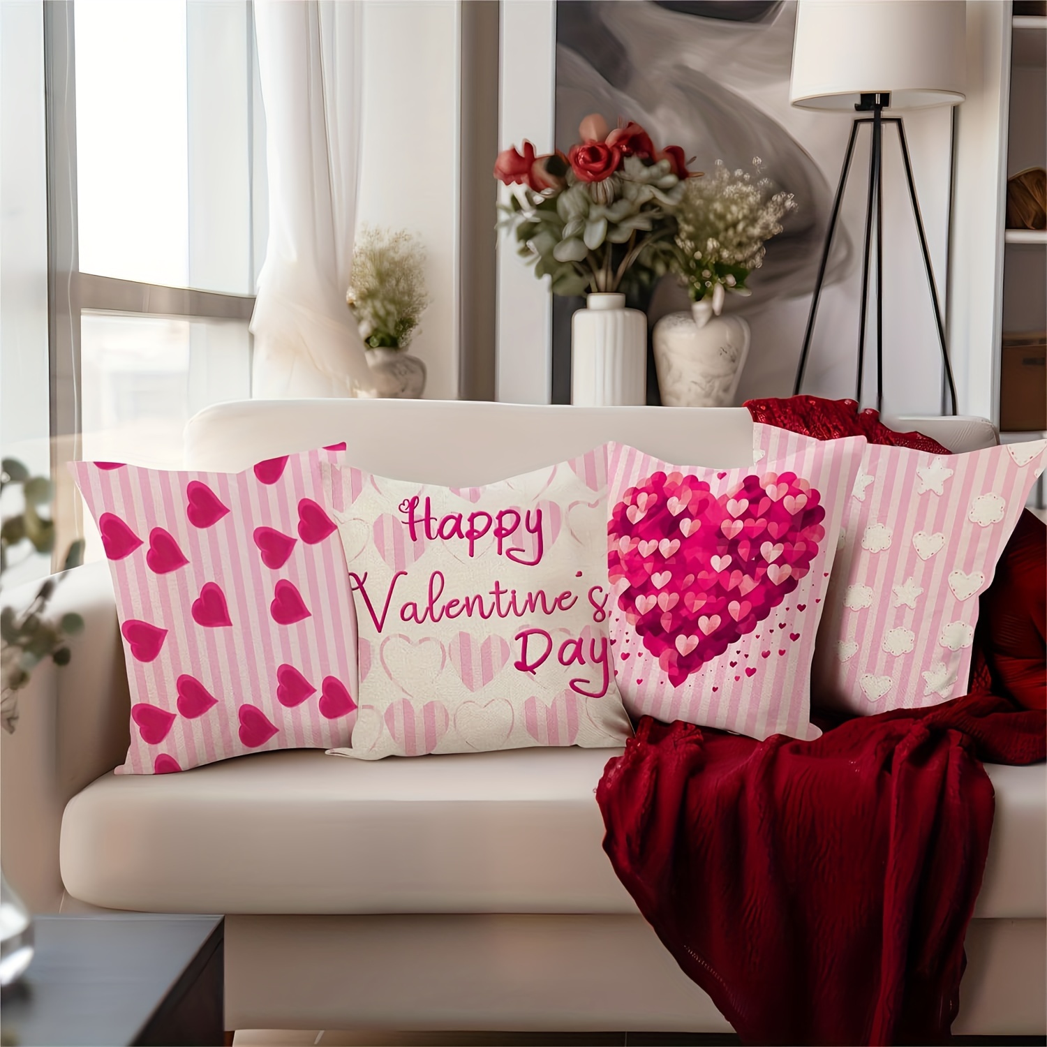 

4pcs Valentine's Day Pillowcase - Pink , Heart, Letter Decoration, Home Decoration, Room, Office, Living Room, Sofa Decoration, Holiday Decoration, Polyester (pillow Not Included)