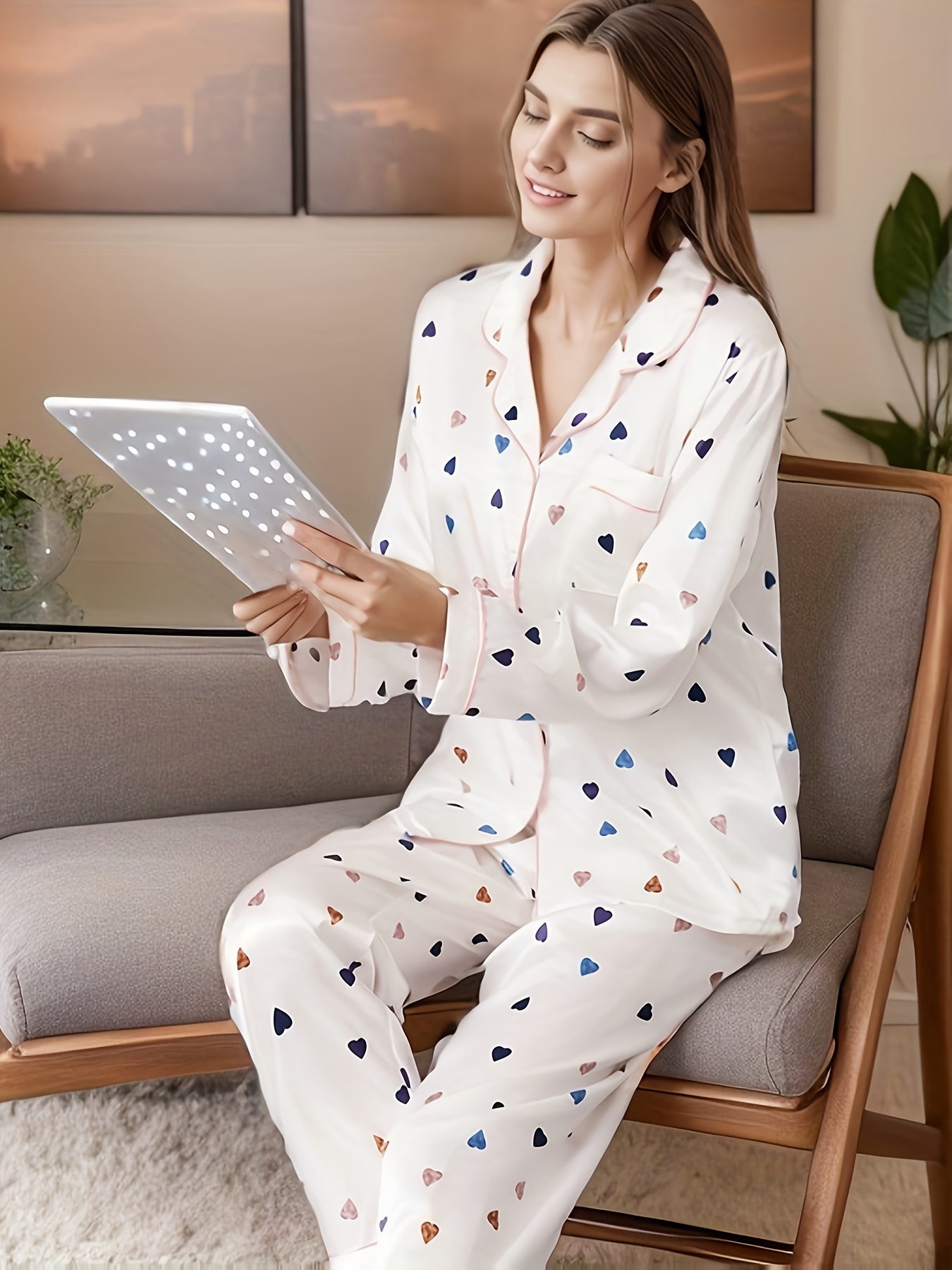 Colorful Heart Print Pajama Set, Long Sleeve Lapel Top & Elastic Waistband  Pants, Women's Sleepwear & Loungewear