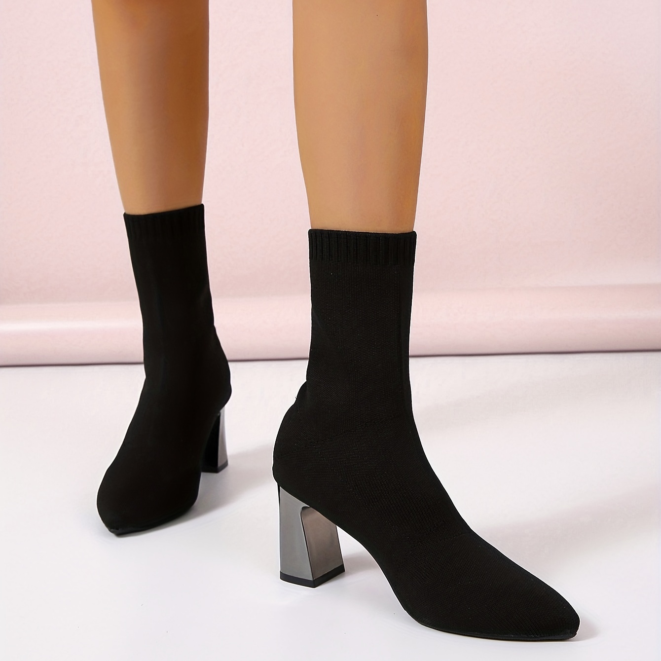 Women's Breathable Knit Short Boots, Fashion Point Toe Dress Boots,  Comfortable Dress Booties