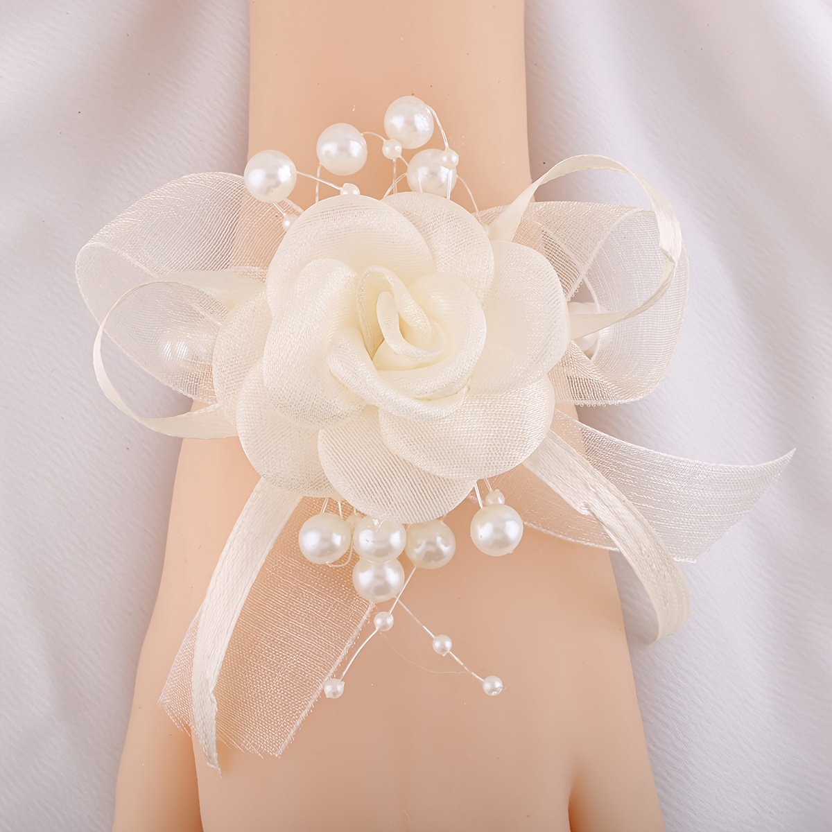 

Elegant Bridesmaid Pearl Wrist Corsage - Chiffon Ribbon Flower For Wedding Party, Sisterhood & Bridal Welcome