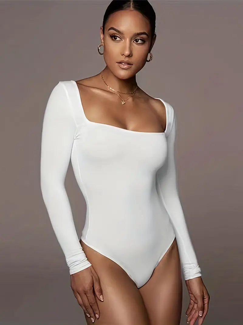 Solid Square Neck Slim Bodysuit, Sexy Long Sleeve Bodysuit For Spring &  Fall, Women's Clothing
