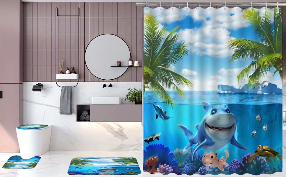 Ocean themed Shower Curtain And Mats Underwater Shark Fun - Temu