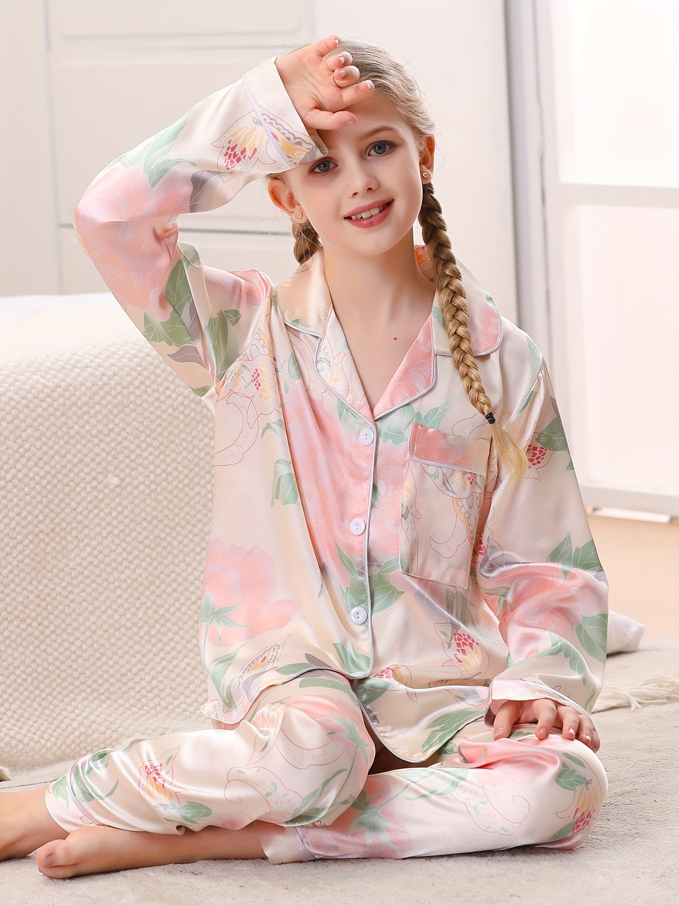 Girls Pajamas Full Print Viscose Long Sleeve Lapel Front - Temu